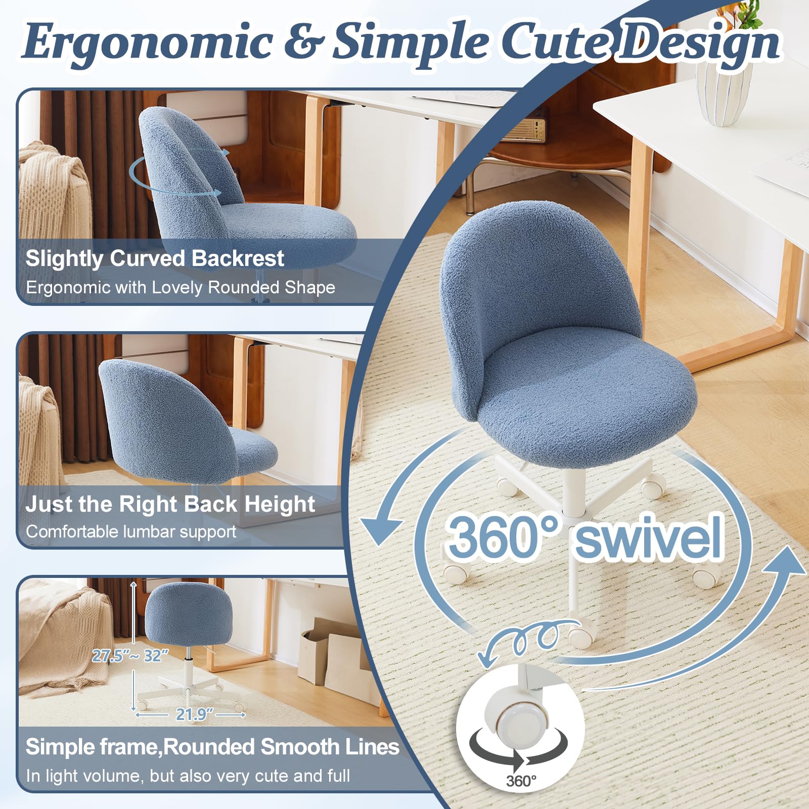 VINGLI Armless Cute Desk Chair with Wheels - Comfortable Small Office Chair, Adjustable Swivel Vanity Chair with Lumbar Support, Rolling Computer Task Chair for Home Office & Bedroom (Fog Blue) - Perfect for Gaming, Studying, and Workspace Ergonomics