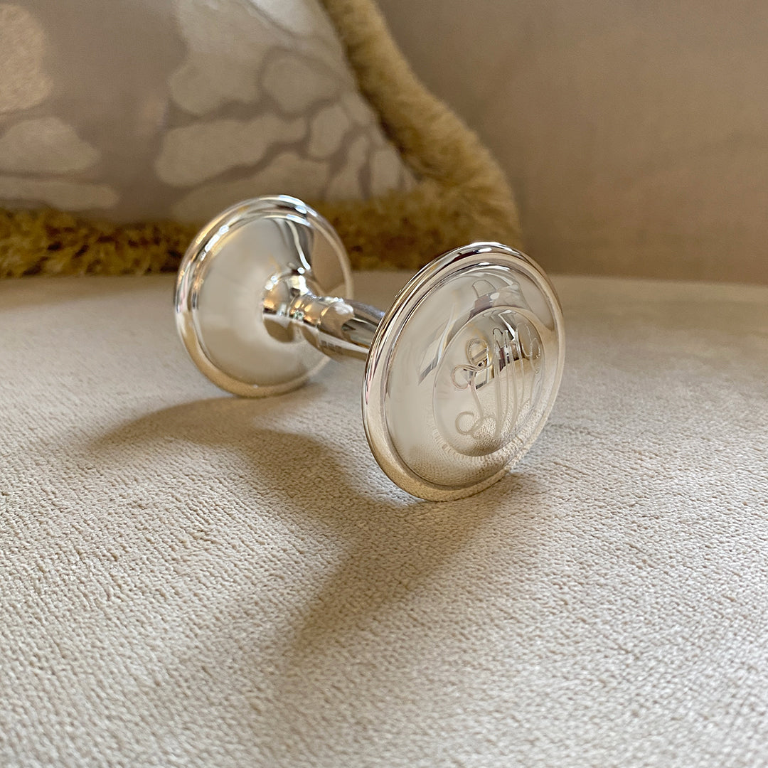 Sterling Silver Dumbbell Baby Rattle - Safe & Durable Teething Toy for Newborns & Infants - Perfect Baby Shower Gift & Early Learning Sensory Toy for Playtime & Nursery Decor