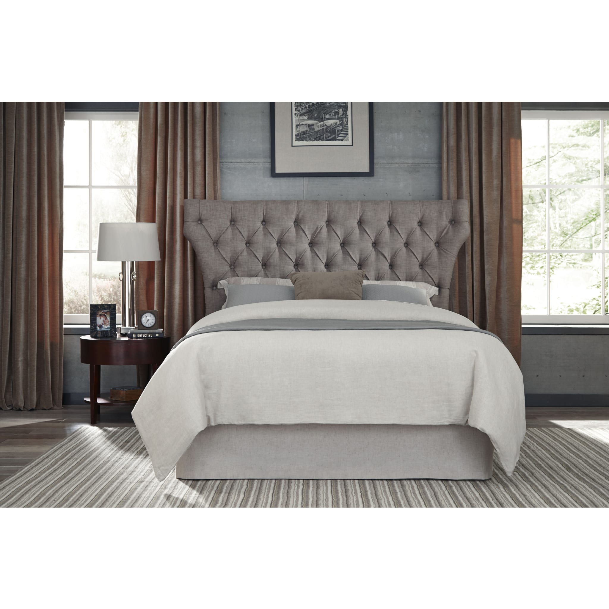 Melina Upholstered Platform Bed Frame - Queen Size Dolphin Linen Fabric - Modern Bedroom Furniture for Master & Guest Rooms