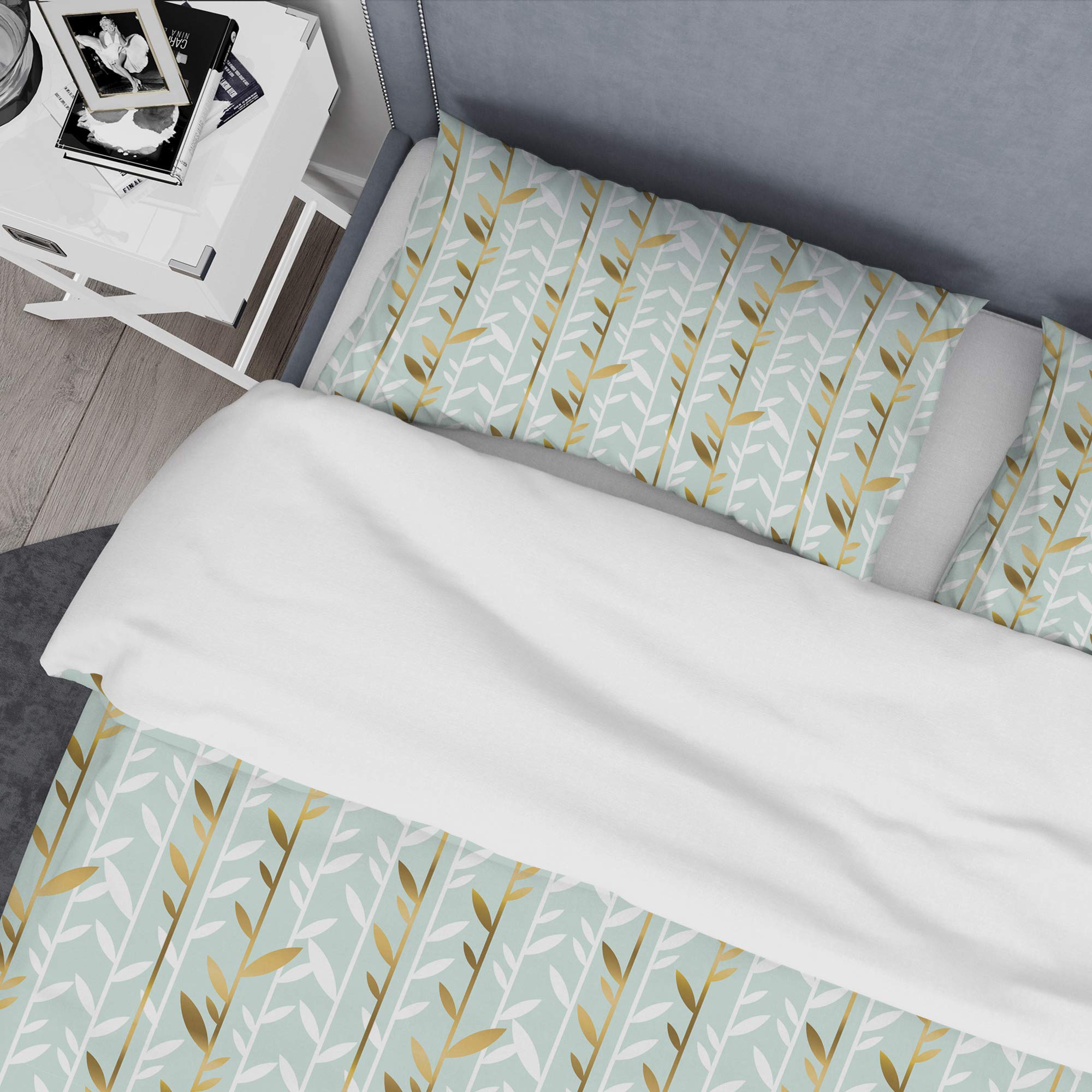 Mid-Century Modern Blue Duvet Cover Set Queen Size - 3 Piece Golden Foliage Design Bedding Set for All Seasons | Perfect for Boho Chic Bedrooms & Guest Room Decor