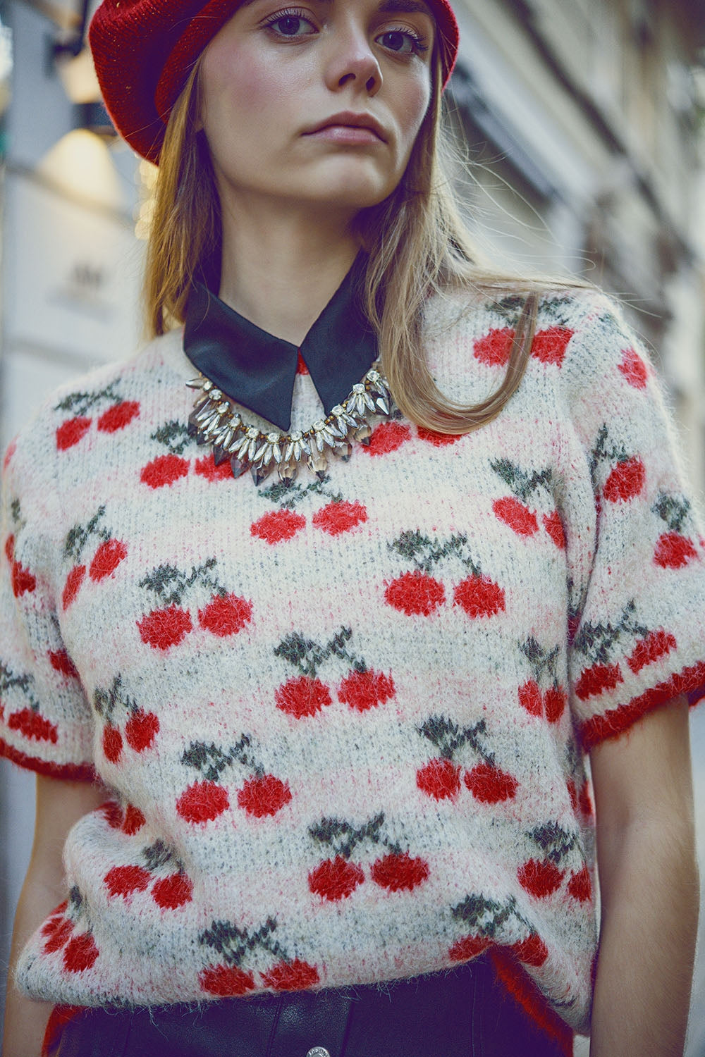 Women's Short Sleeve Pullover Sweater in Ecru with Cherry Print - Casual Spring Outfit & Cozy Fall Layering