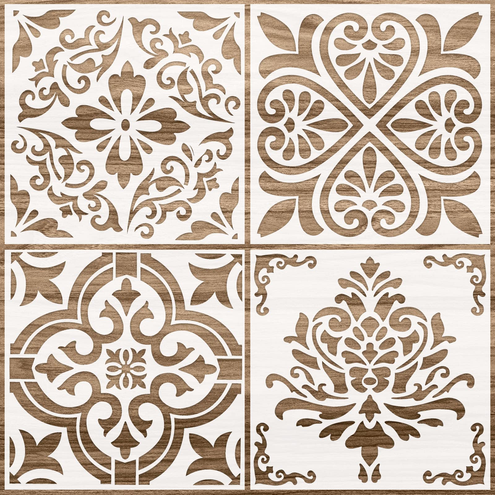 4-Piece Reusable Tile Stencils 12x12 Inches - DIY Wall & Floor Decorative Painting Templates for Home Decor, Scrapbooking, and Crafts (Floral Design) - Perfect for Bathroom, Kitchen Backsplash, and Nursery Wall Art Projects