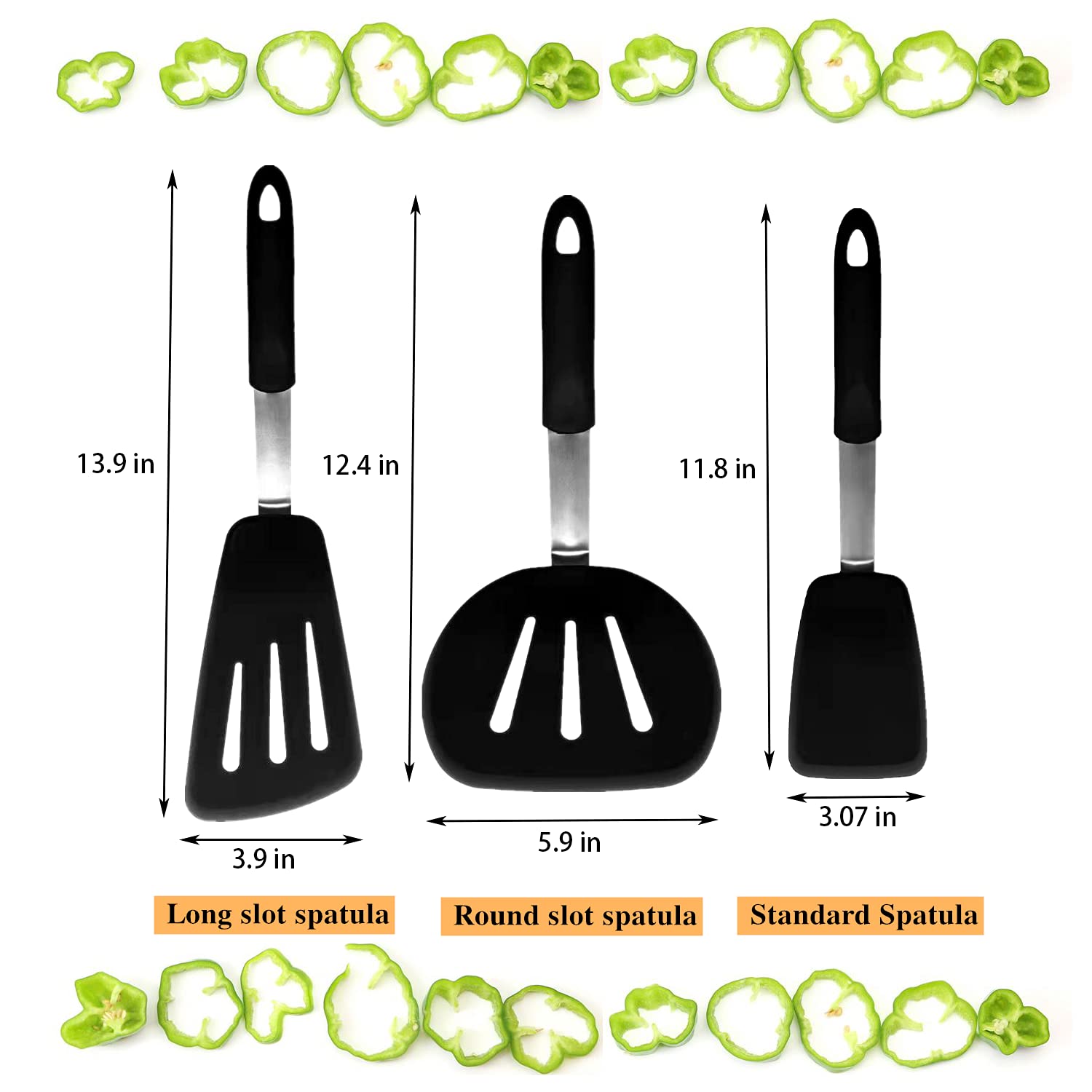 3-Pack Heat Resistant Silicone Spatulas (600°F) - Nonstick Cookware Turner, Fish Spatula, Pancake & Egg Flipper - Dishwasher Safe Kitchen Utensils for Baking, Frying, and Cooking - Easy to Clean