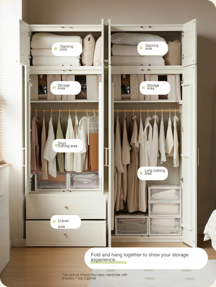 French Cream Pine Solid Wood Wardrobe - Elegant Vintage Closet for Bedroom, Living Room & Guest Room Storage