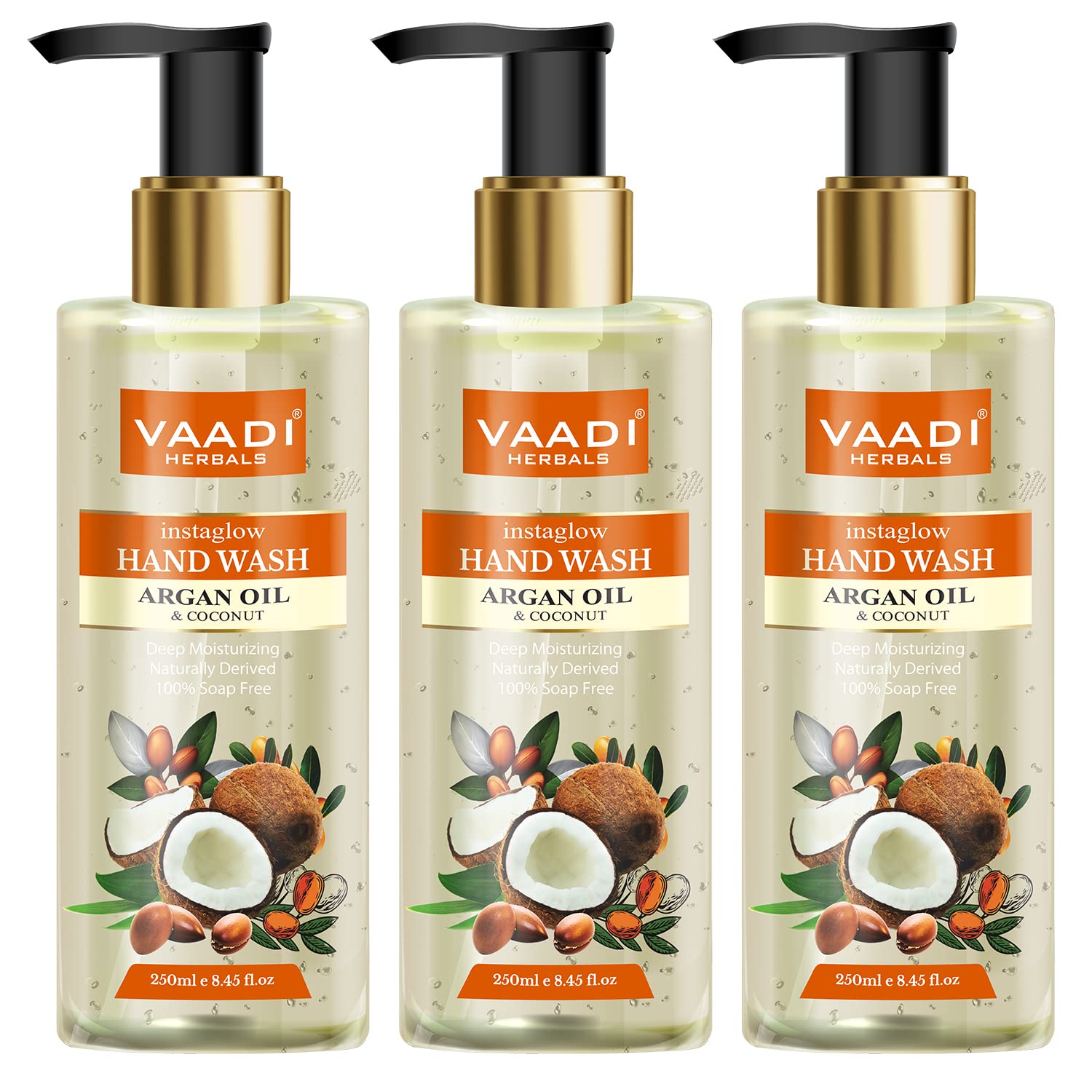 Vaadi Herbals Instaglow Argan Oil & Coconut Hand Wash - Moisturizing & Nourishing Liquid Soap for Soft Skin (250ml, Pack of 3) - Perfect for Home, Kitchen, Bathroom & Office Use