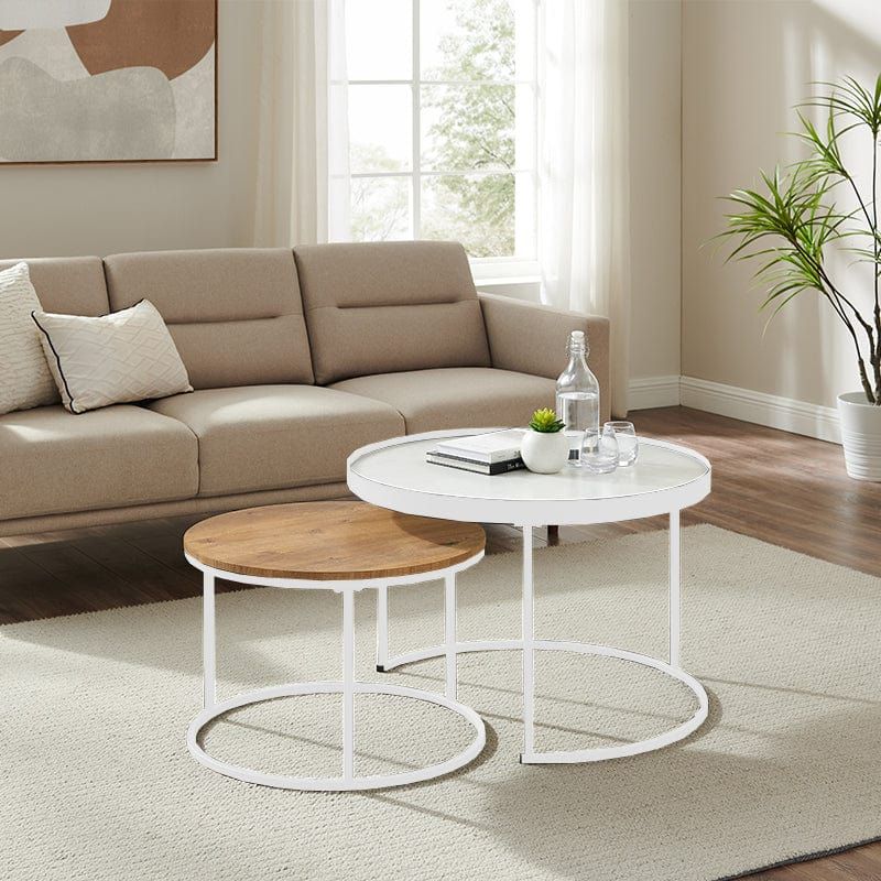 Modern Nested Coffee Table Set - White Marble Look Top with English Oak Base & White Frame - Contemporary Living Room Furniture for Small Spaces | Perfect for Apartments, Condos and Cozy Home Decor