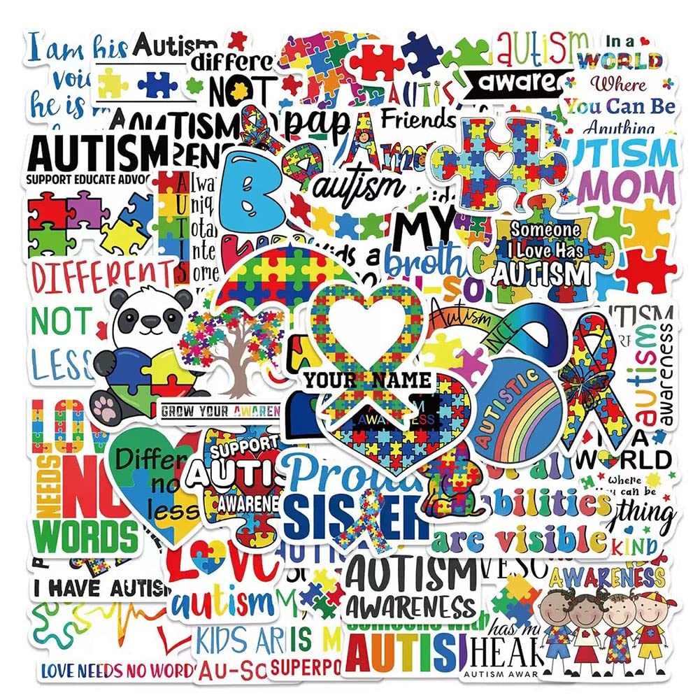 50 Pcs Autism Awareness Stickers - Waterproof Vinyl Decals for Water Bottles, Laptop, Luggage & More - Perfect for Autism Support, School, Office & Daily Use