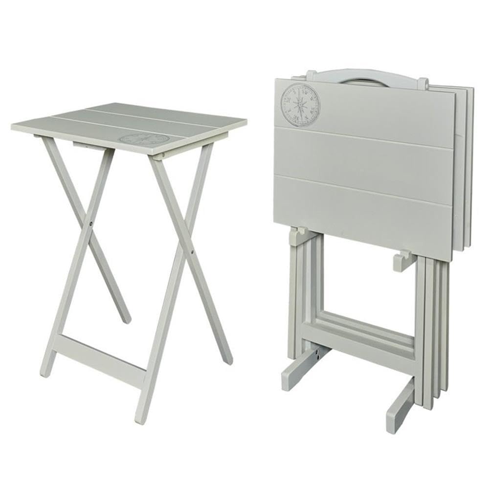 5-Piece Compass Print Wooden Folding TV Tray Table Set with Stand - Light Gray - Portable Snack Tables for Living Room, Bedroom, or Outdoor Use