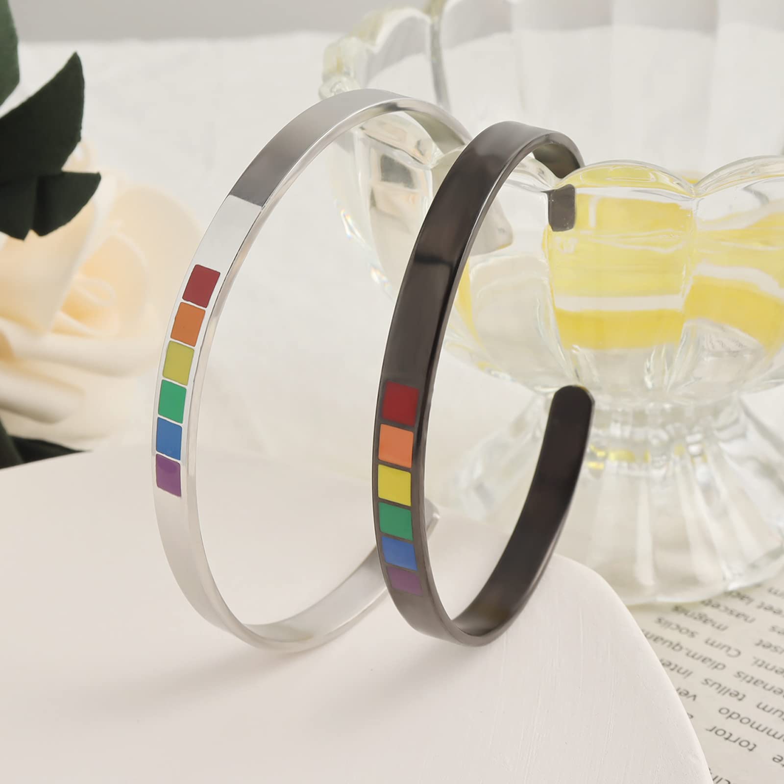 2PCS Pride Bracelets for Women & Couples - LGBTQ Rainbow Stainless Steel Open Bangle Bracelets - Perfect for Pride Month, LGBTQ Events & Matching Couple Jewelry