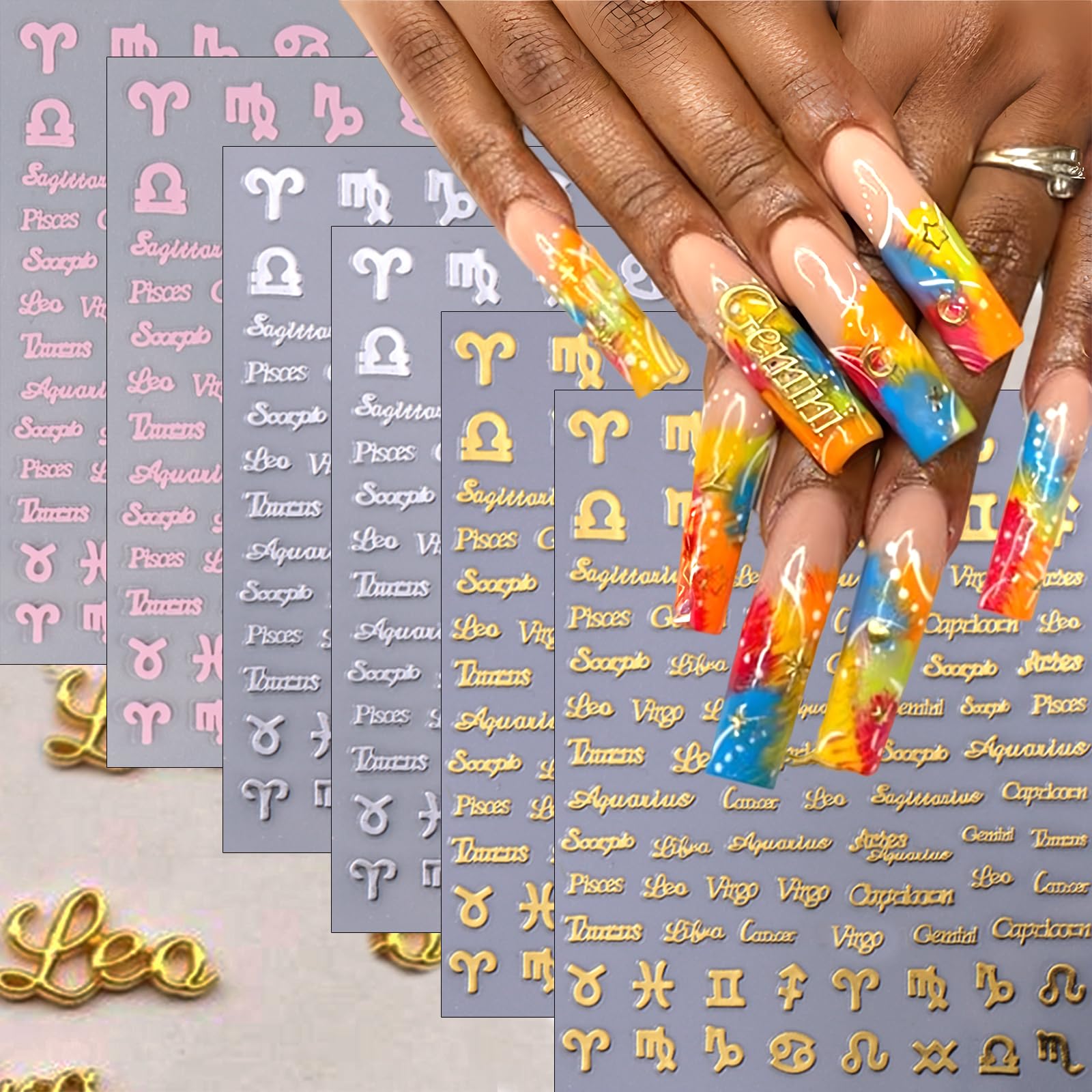 6 Sheets English Letters Nail Stickers - 3D Self-Adhesive Gold Silver Pink Zodiac Constellation Nail Art Decals for Women | Perfect for DIY Nail Art, Parties, Gifts & Salon Use