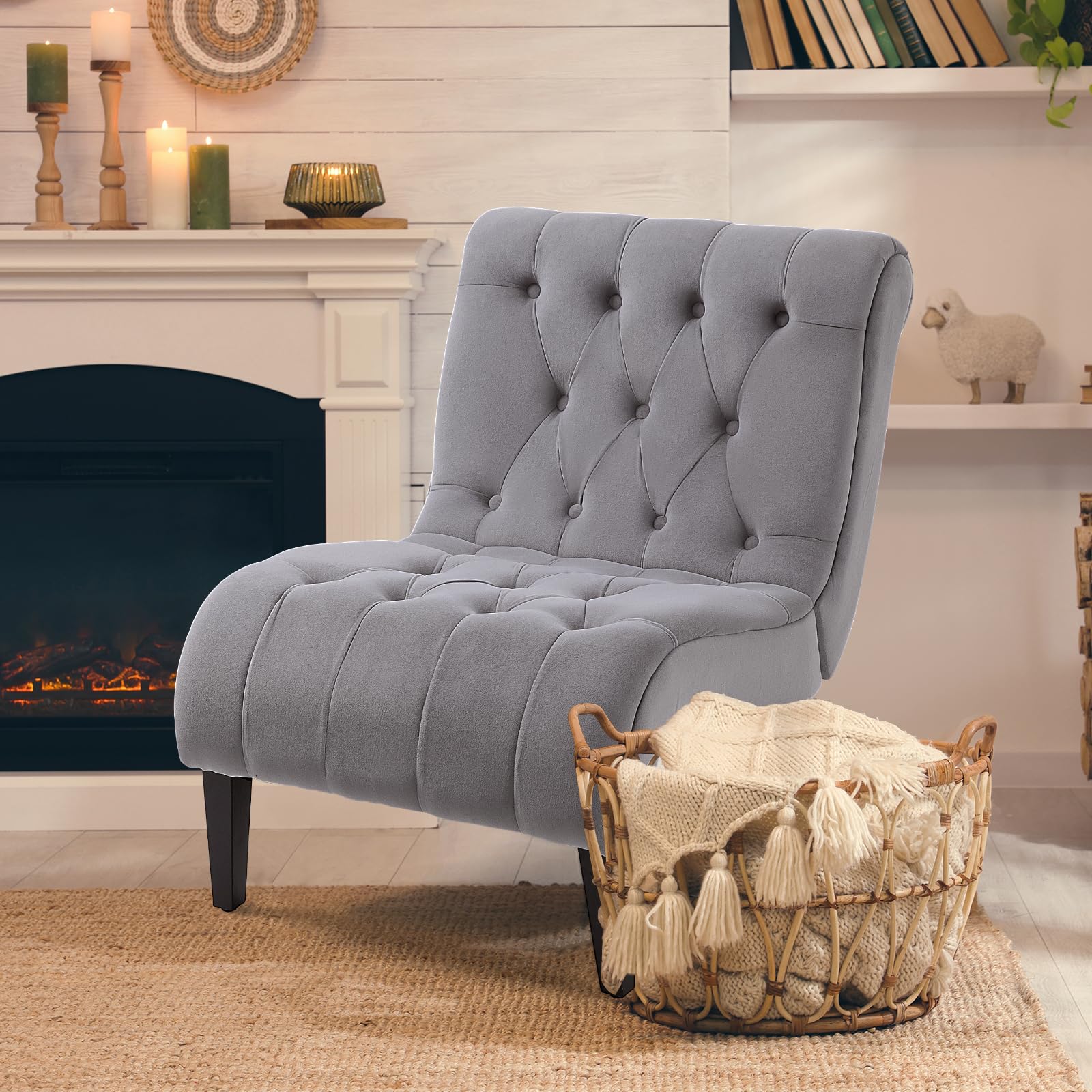 ECOTOUGE Velvet Upholstered Accent Chair - Armless Lounge Chair with Sturdy Wood Legs, Button Tufted Seat & Back for Ultimate Comfort | Perfect Reading Chair for Bedroom, Living Room & Home Office | Elegant Grey Home Decor