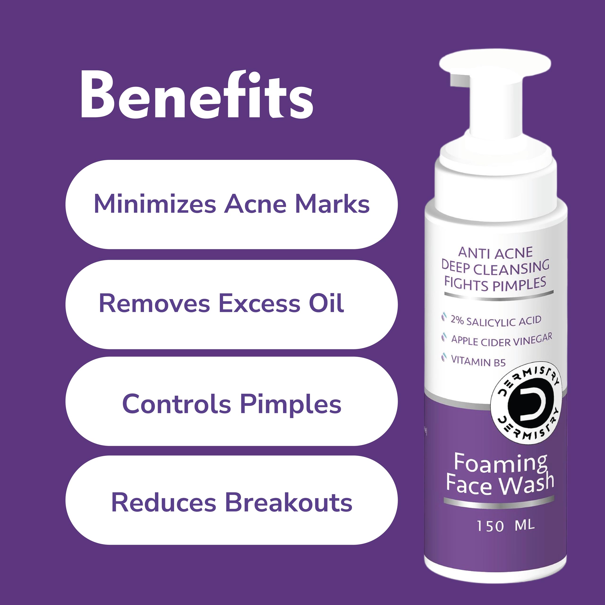 Dermistry 2% Salicylic Acid & Niacinamide Acne Face Wash - Oil Free Foaming Cleanser with Apple Cider Vinegar & Zinc - Exfoliates & Removes Excess Oil for Oily, Acne-Prone Skin - Men & Women - 150ml - Perfect for Daily Skincare Routine & Acne Treatment