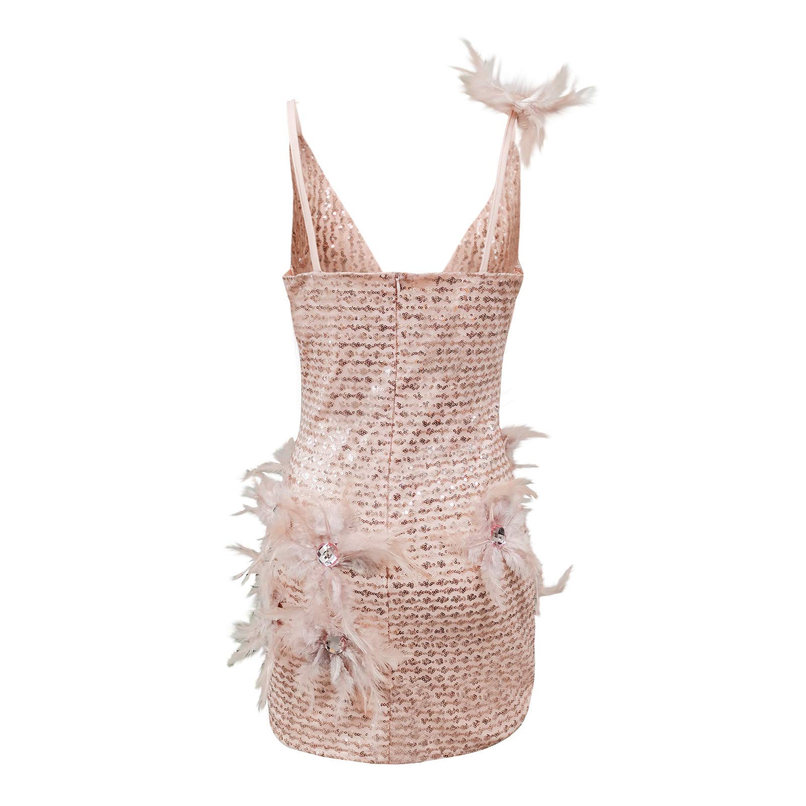 Elegant Women's Rhinestone Feather Sleeveless Mini Dress - Summer Spaghetti Strap Fitted Slim Dress for Housewarming Parties, Date Nights & Special Occasions