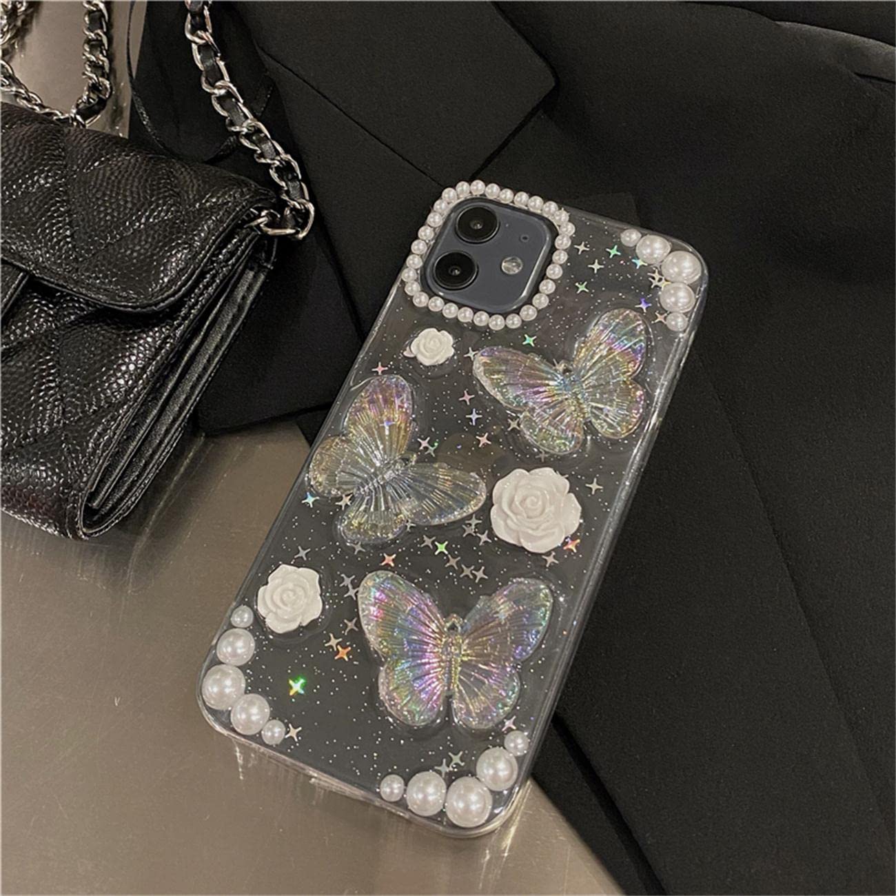 Fycyko iPhone 15 Case - 3D Butterfly Floral Clear Phone Cover with Glitter & Crystal Sparkle Design | Aesthetic Protective Case for Women & Teen Girls | Includes Pearl Chain | Perfect for Everyday Use, Parties & Gifts