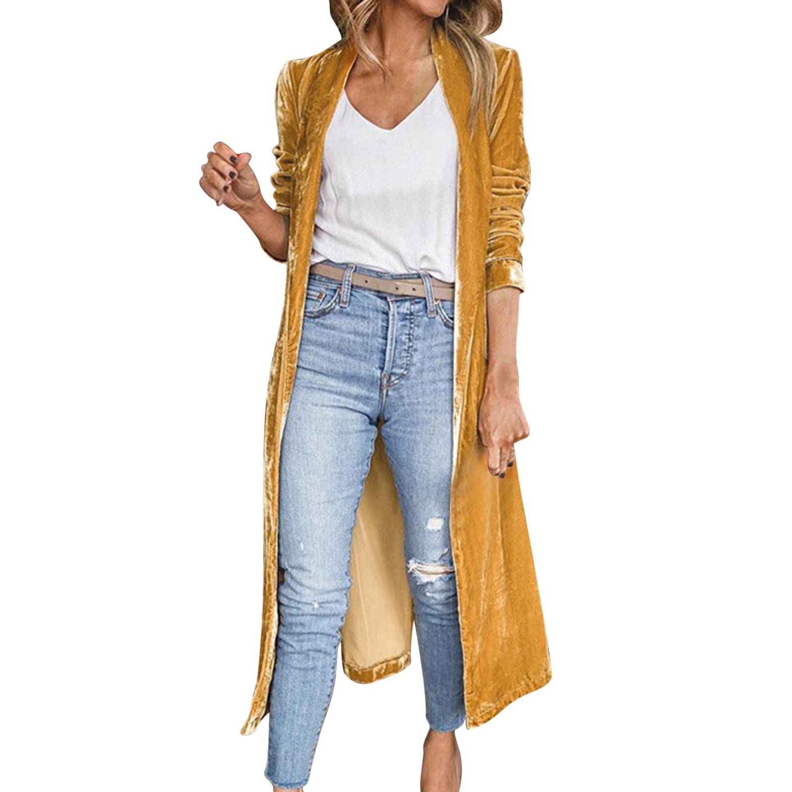 Women's Long Velvet Cardigan - Open Front Loose Elastic Coat for Spring | Cozy Long Sweater Outwear for Casual Wear & Office