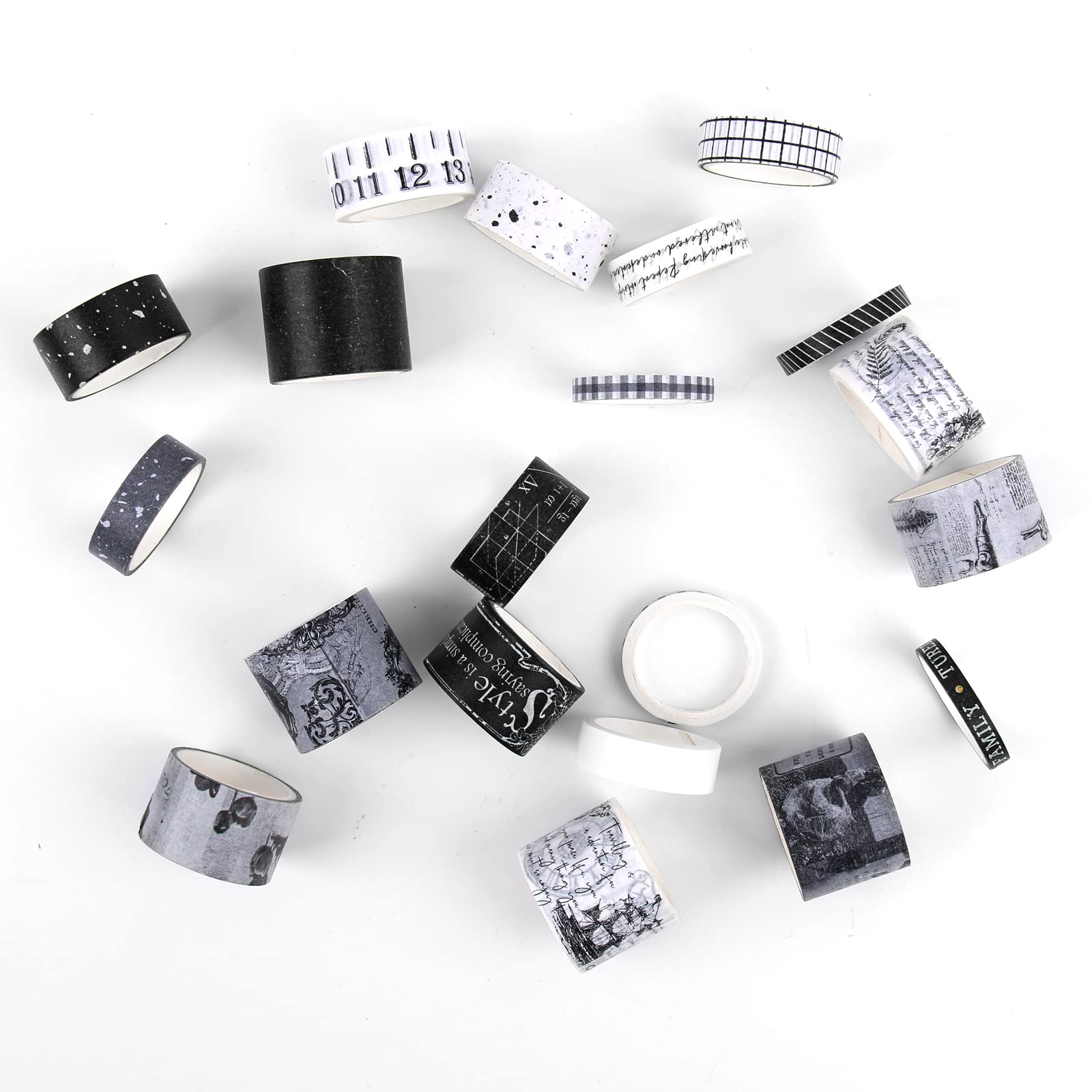 Gothic Aesthetic Black and White Washi Tape Set - 20 Rolls Japanese Decorative Tape for Scrapbooking, Journaling, Planner & DIY Crafts - Perfect for Bullet Journals, Gift Wrapping & Home Decor