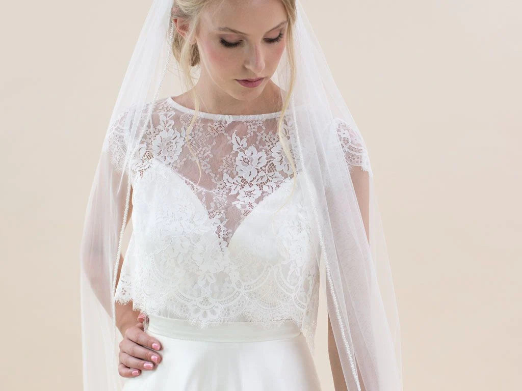 Elegant Pearl Edge Chapel Length Wedding Veil with Floral Design - Perfect for Bridal Ceremonies, Photos & Special Occasions
