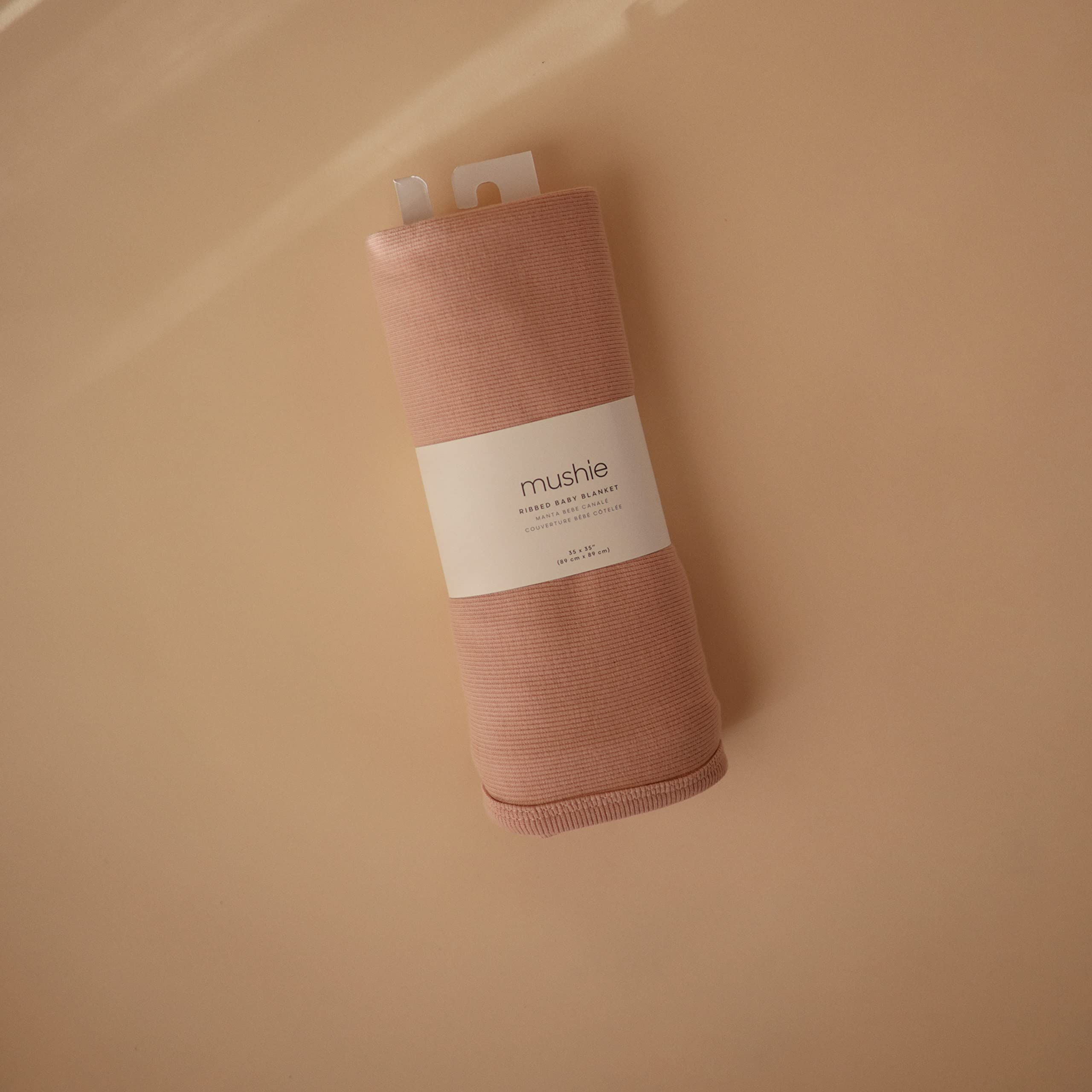 Mushie Ultra Soft Baby Blanket - 100% Cotton & Elastane Ribbed Receiving Blanket for Newborns | 35x35 Inch Swaddle & Stroller Cover | Perfect for Nursery, Travel & Photo Shoots (Blush Pink)
