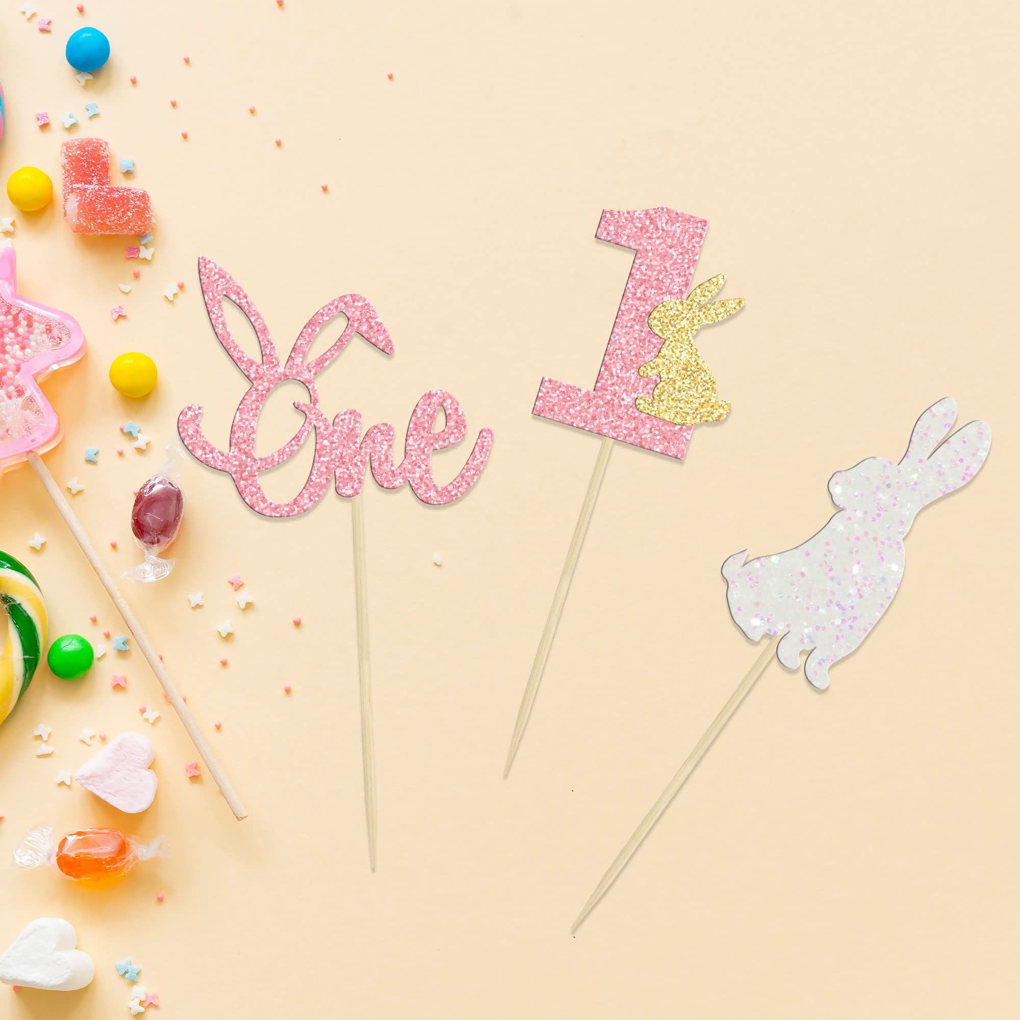 24Pcs Pink Glitter Easter Bunny Cupcake Toppers - Some Bunny is One Birthday Party Decorations for Easter, Spring & First Birthday Themes - Perfect for Girl's Birthday Cakes, Baby Showers & Easter Celebrations