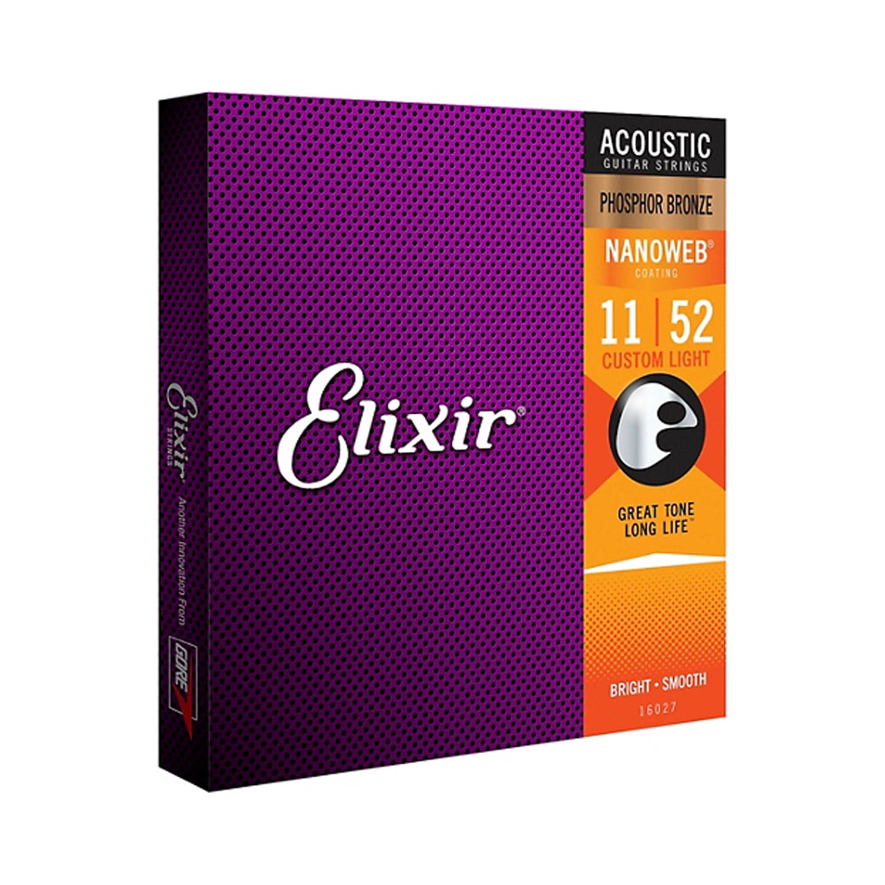 Elixir Phosphor Bronze Acoustic Guitar Strings with NANOWEB Coating - Custom Light Gauge (.011-.052) - Perfect for Fingerstyle, Folk & Country Music