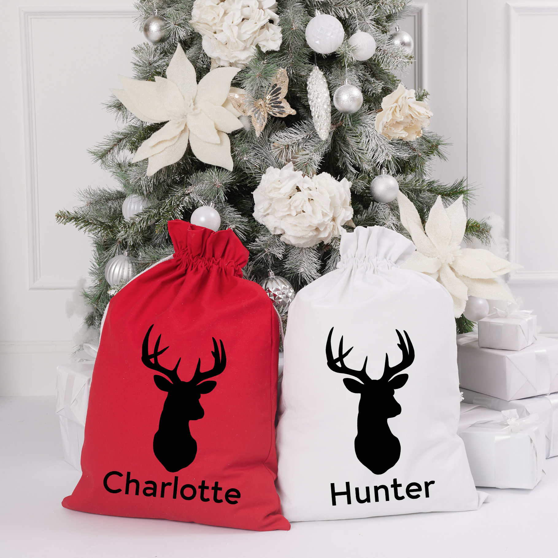 Personalized Red Santa Sack with Deer Design - Custom Name Christmas Gift Bag for Holiday Decorations & Stocking Stuffers