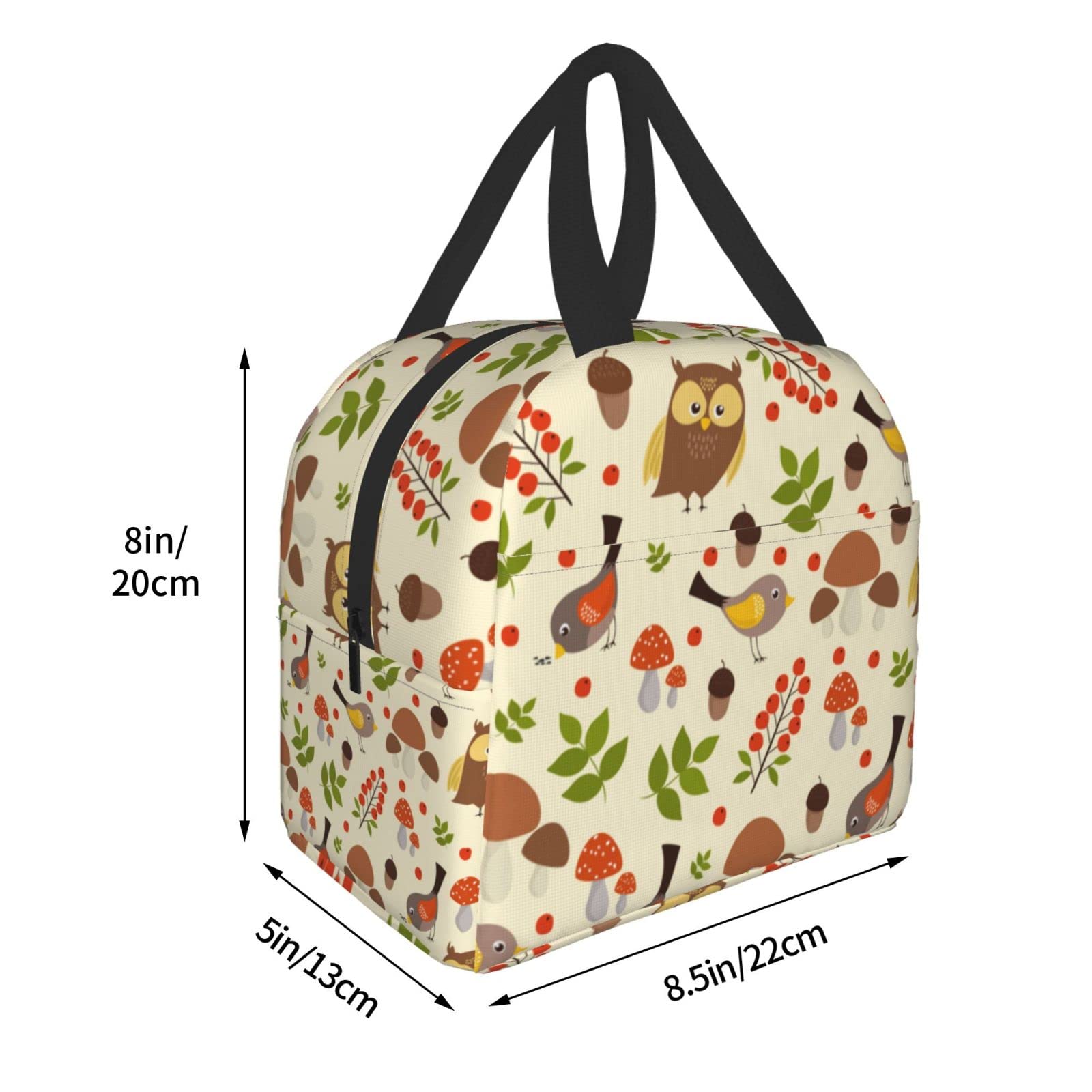 Owl and Mushroom Insulated Lunch Box - Reusable Thermal Lunch Bag for Women & Men - Perfect for Office, School, Camping, Hiking, Picnic, Beach & Travel - Keep Food Fresh Anywhere