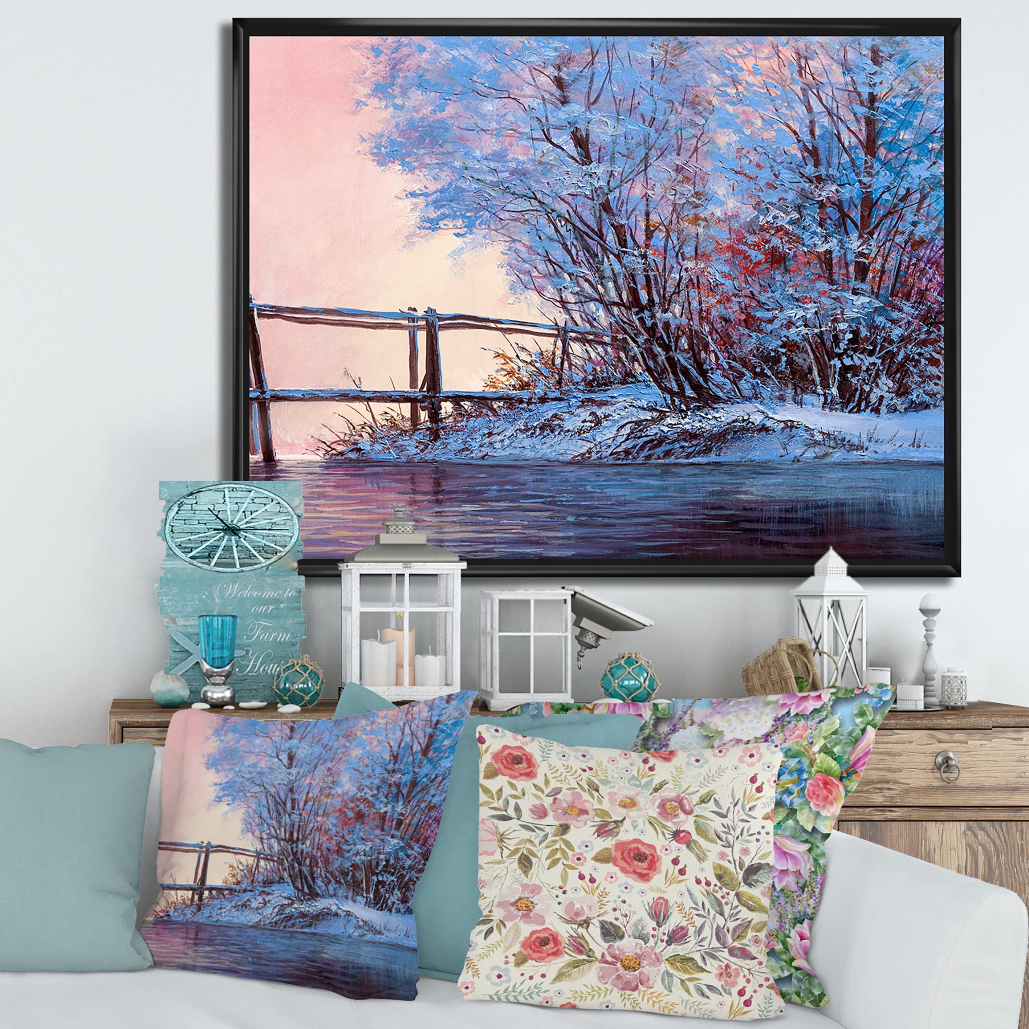 DesignQ Winter Scenery Framed Canvas Wall Art - Snowy Bridge Over Meandering River Landscape Painting for Lake House Decor | Perfect for Living Room, Bedroom & Office Wall Decor