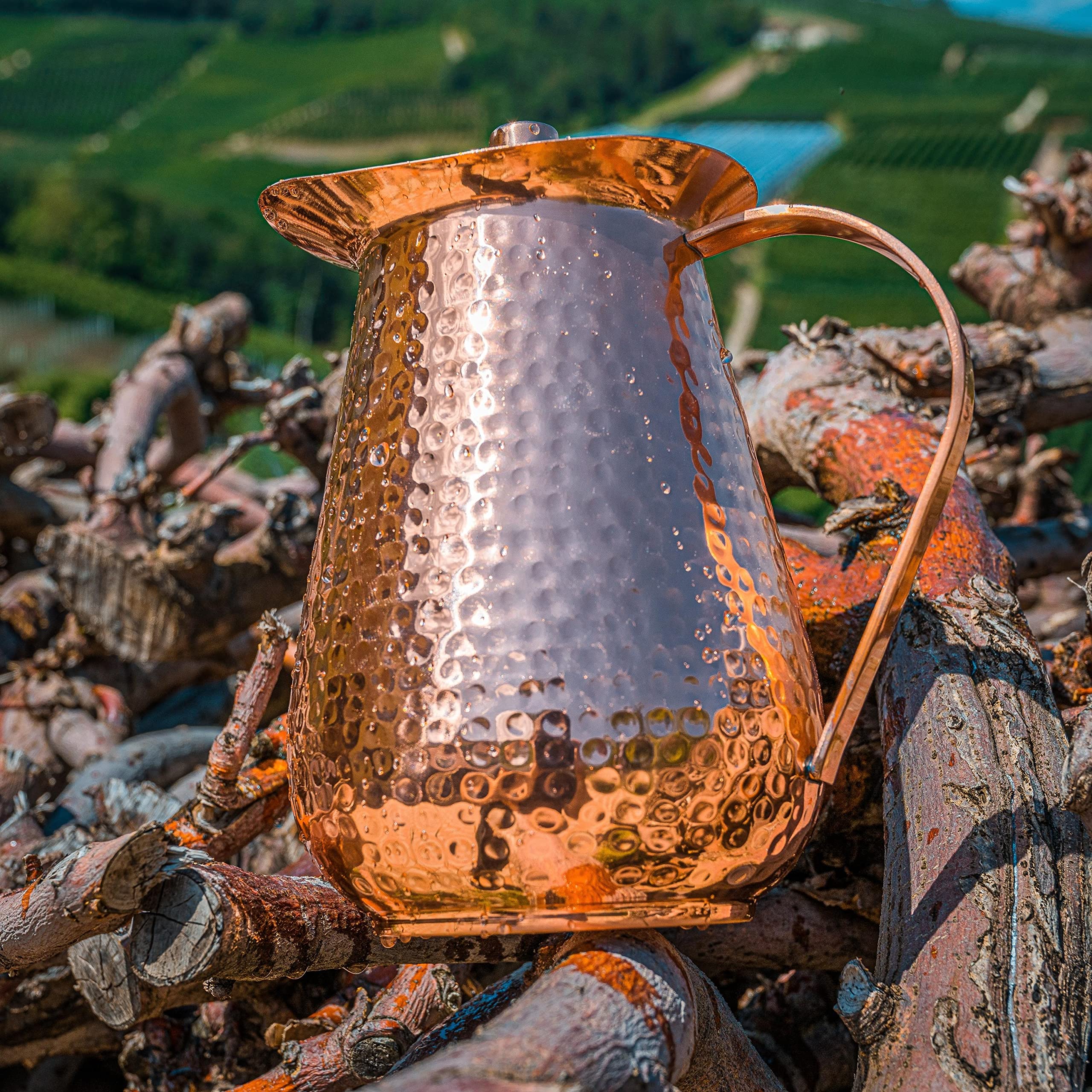 68oz Pure Copper Handmade Hammered Pitcher with Lid & 12oz Cups - Promote Hydration, Reduce Sugar Intake & Boost Health Benefits - Perfect Bedside Carafe for Water, Juice & Wellness Drinks