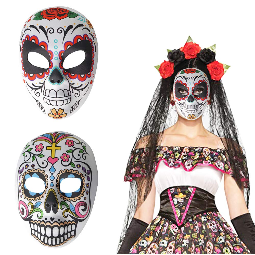 Day of The Dead Sugar Skull Mask - Mexican Halloween Costume Accessory (2-Pack) for Dia de Los Muertos Parties & Masquerade Events