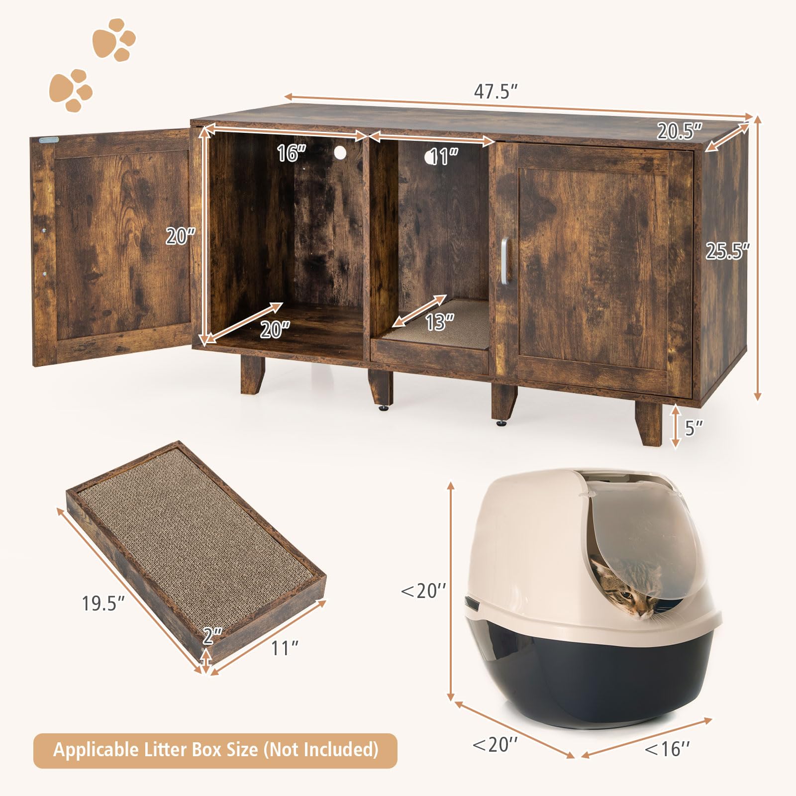 Tangkula Double Cat Litter Box Enclosure for 2 Cats - Large Stackable Hidden Litter Box Cabinet with Scratching Board - Rustic Brown Cat Furniture for Indoor Use | Perfect for Living Room, Bedroom or Home Office Concealment