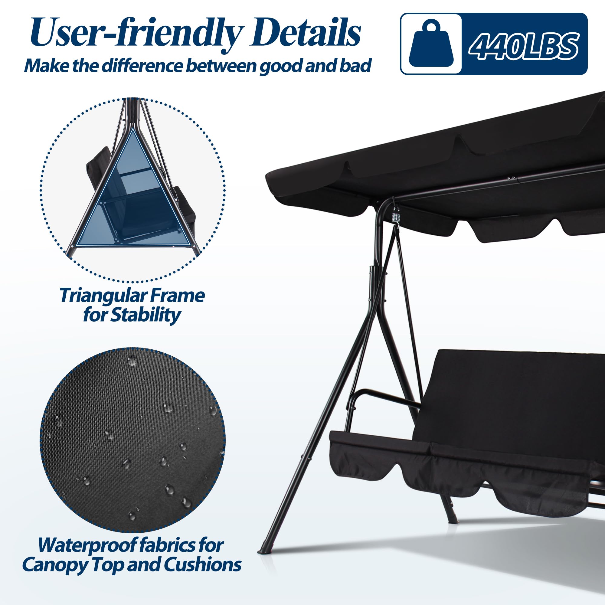 COVERONICS 3-Seat Outdoor Porch Swing Chair with Adjustable Canopy - Durable Metal Frame Patio Swing with Removable Cushions - Perfect for Backyard, Garden, Terrace & Lawn Relaxation (Black)