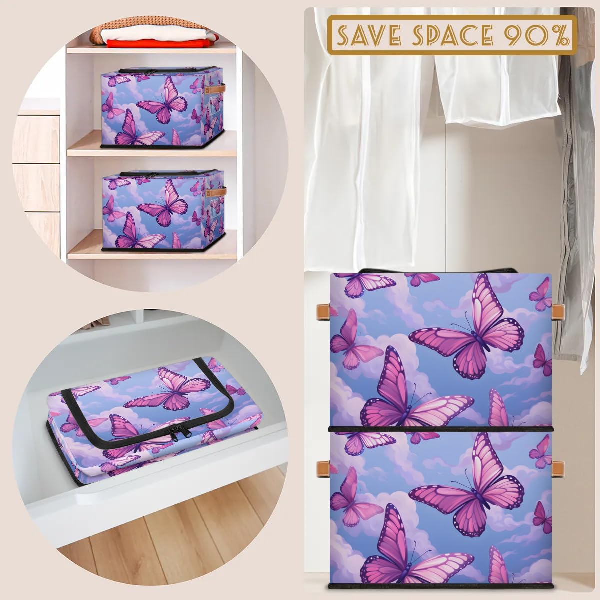 Collapsible Storage Bins with Lids - Purple Butterfly Design Stackable Fabric Storage Cubes | Dustproof Closet Organizer for Clothes, Toys, Blankets | Perfect for Bedroom, Nursery & Home Organization