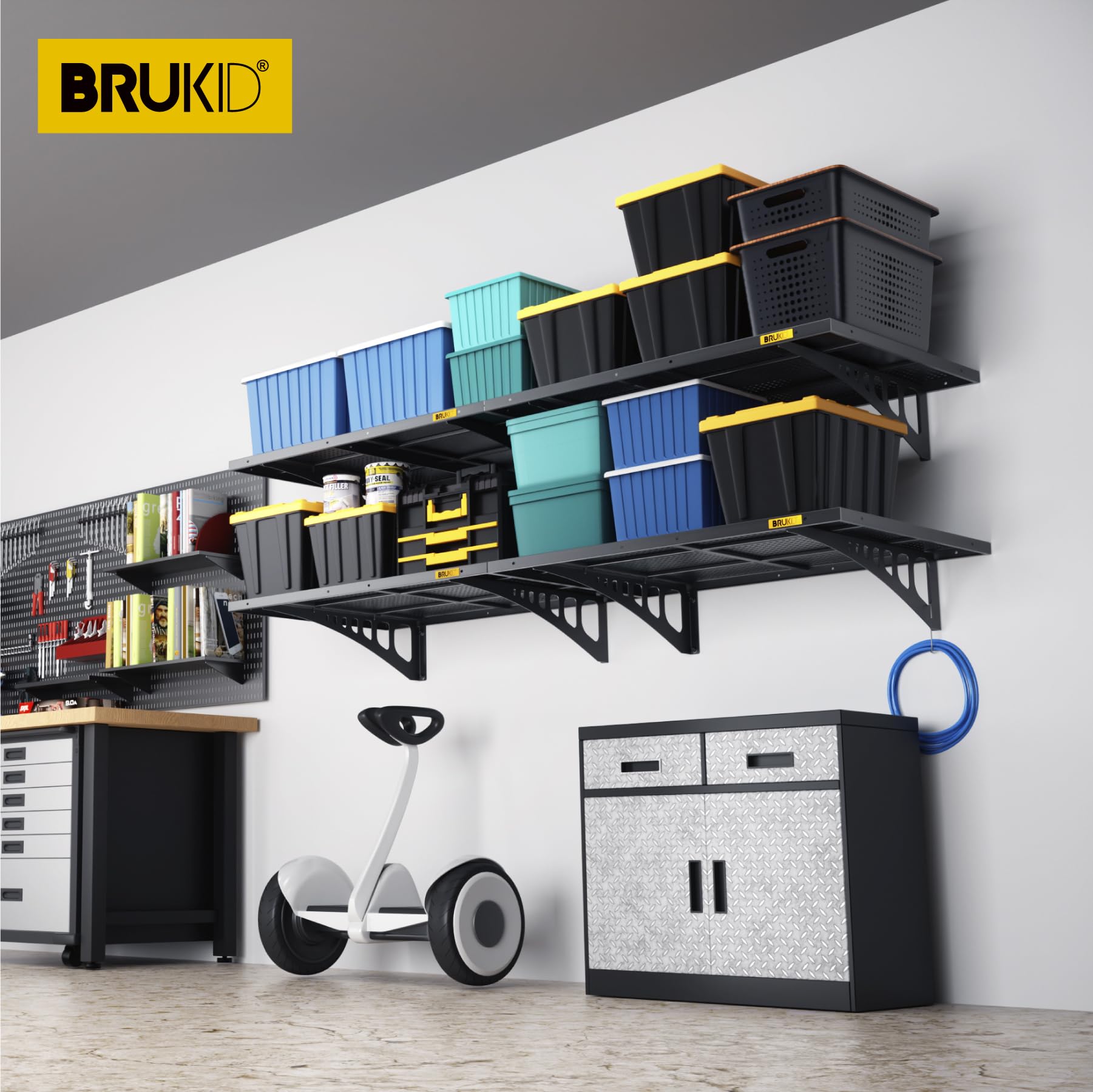 4-Pack 2x3ft Adjustable Wall Mounted Floating Shelves - Heavy Duty Garage Storage Racks for Garage, Kitchen, Living Room & Office Organization - Space Saving Wall Shelves for Home Decor & Storage (Black)