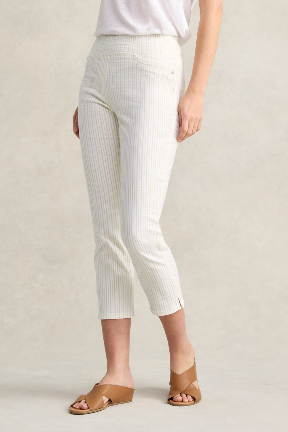 Bengajean® Women's 3/4 Sleeve Seersucker Shirt - Yellow & White Striped Casual Top for Summer, Beach & Office Wear