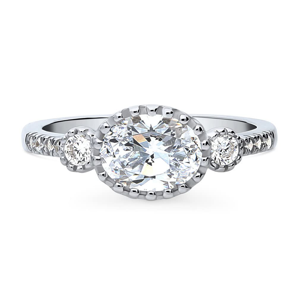 BERRICLE Sterling Silver 3-Stone Oval Cut Cubic Zirconia Engagement Ring for Women - 1.2 Carat CZ Wedding & Anniversary Band, Rhodium Plated, Size 4-10 - Perfect for Proposals, Bridal Jewelry & Special Occasions