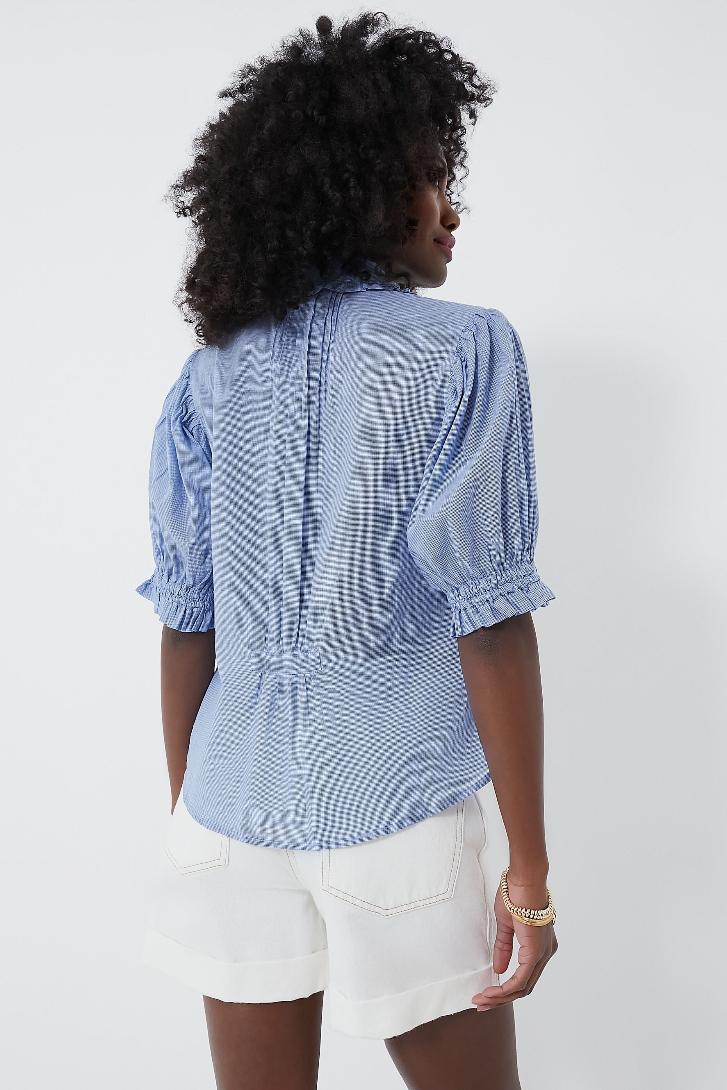 Blue Houndstooth Gemma Blouse for Women - Elegant Vintage Style Button Up Shirt - Perfect for Office, Date Night & Special Occasions