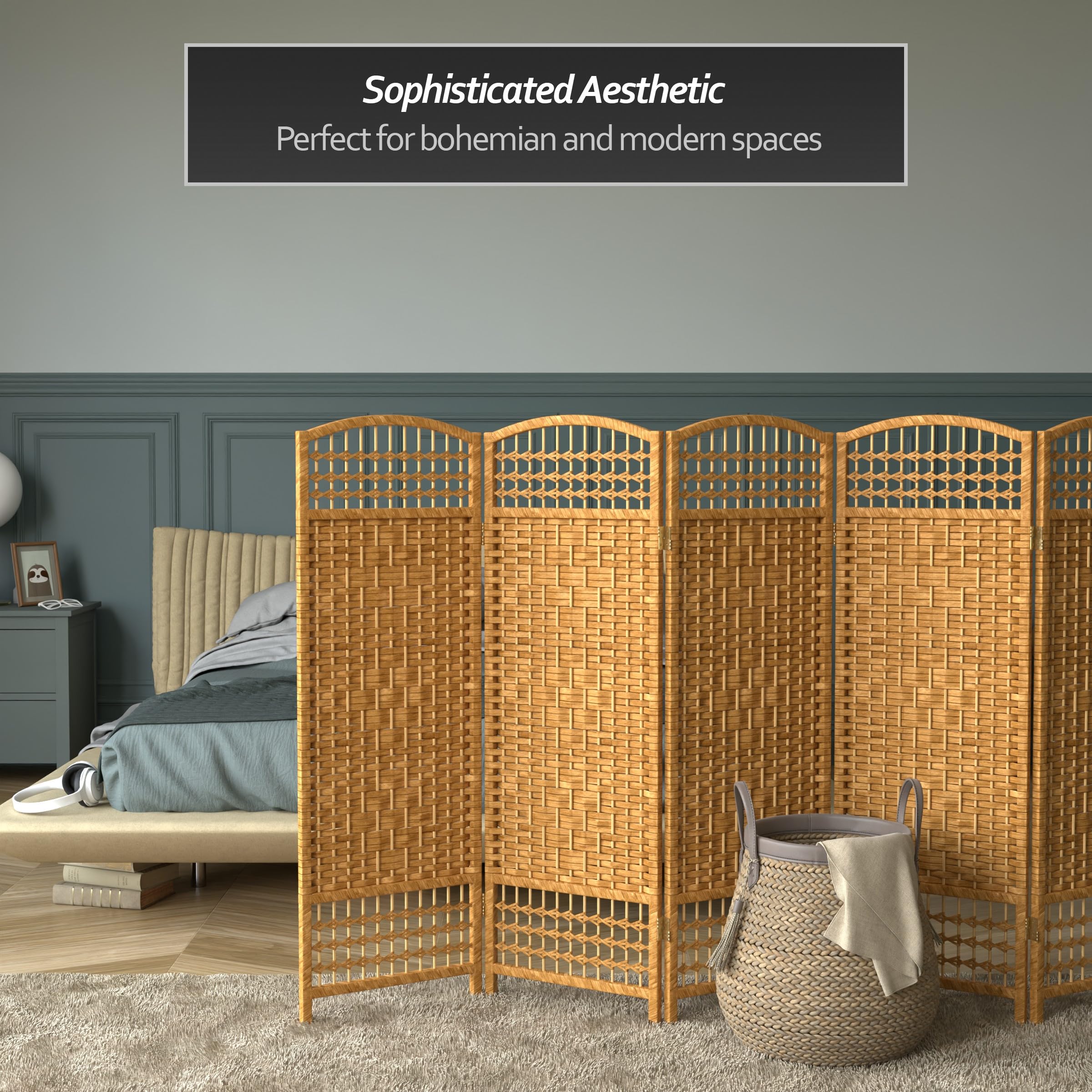 4 ft. Short Fiber Weave Folding Room Divider Screen - Light Beige - 6 Panels for Home Office, Living Room, and Bedroom Privacy
