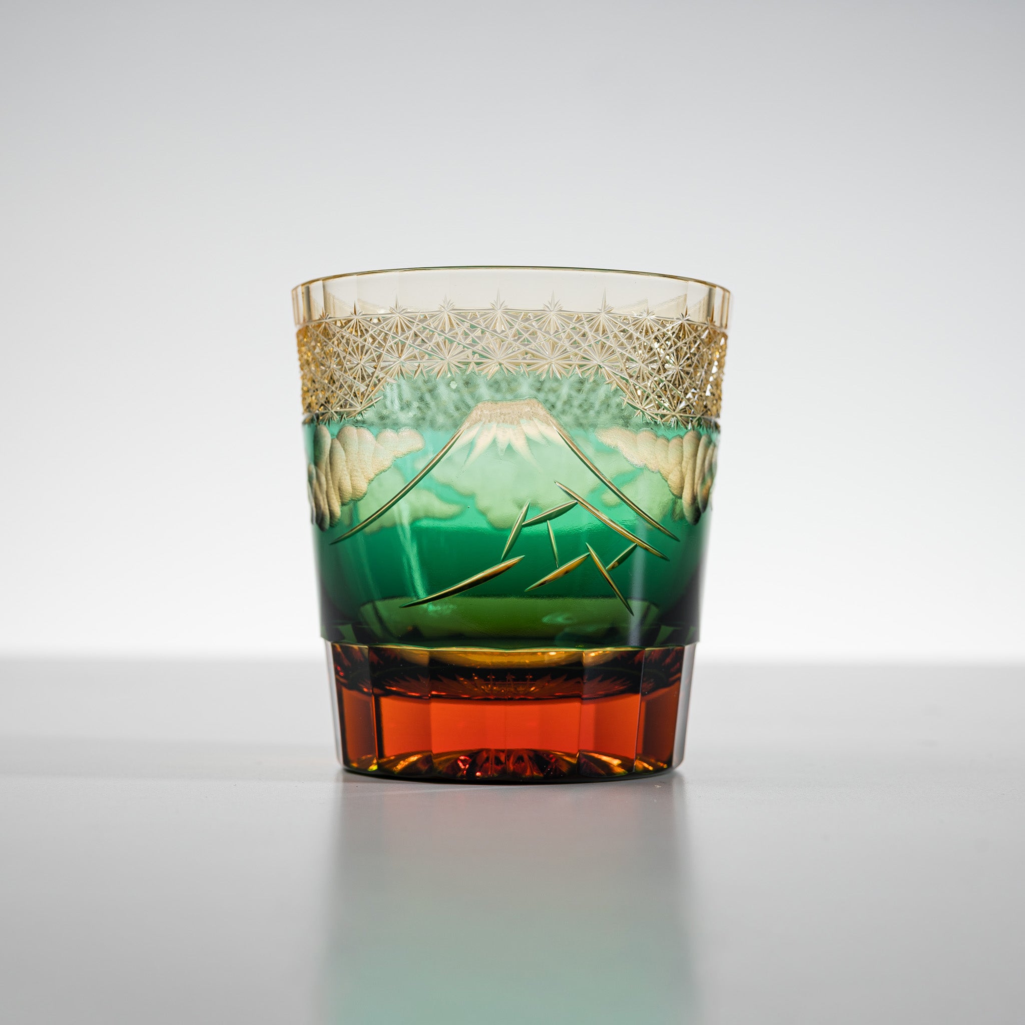 Yamada Crystal Glass Rock Glass with Mt Fuji Design - Amber Green Whiskey Tumbler for Bourbon, Scotch & Cocktails - Perfect for Home Bar, Gifts & Parties