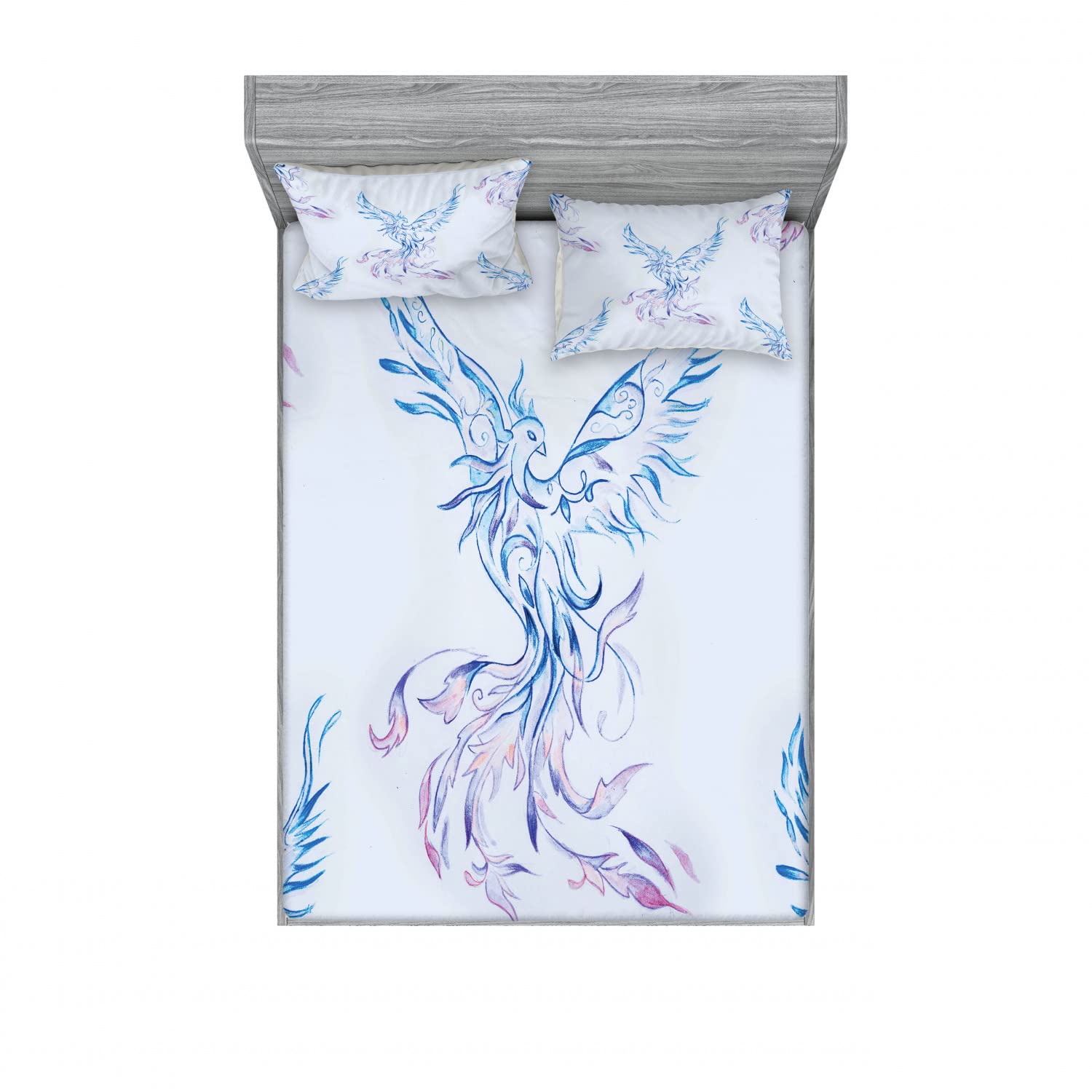 Lunarable Myth 2-Piece Fitted Sheet & 2-Piece Pillow Sham Set - Ornamental Mystic Phoenix Design, 4-Piece Luxury Bedding Set (2 Twin XL Fitted Sheets & 2 Standard Pillow Cases) in Azure Blue Mauve - Perfect for Guest Rooms, Dorm Decor & Bohemian Bedroom Style