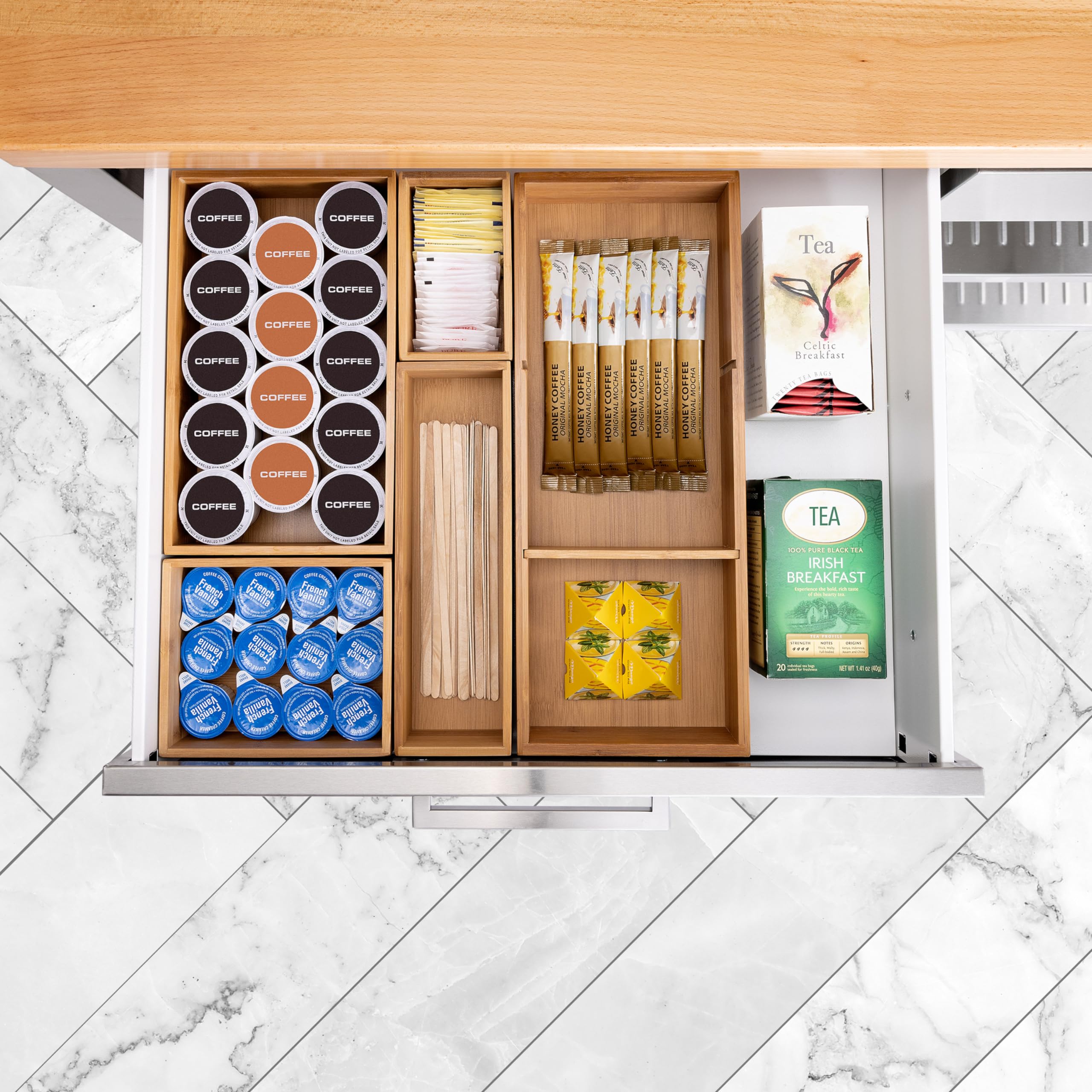 Seville Classics Premium Bamboo Organizer Storage Bins Set with Dividers - 5 Piece for Kitchen, Pantry, Closet & Office (Silverware, Utensils, Pens, Makeup, K-Cups) | Durable & Stylish Home Organization Solution