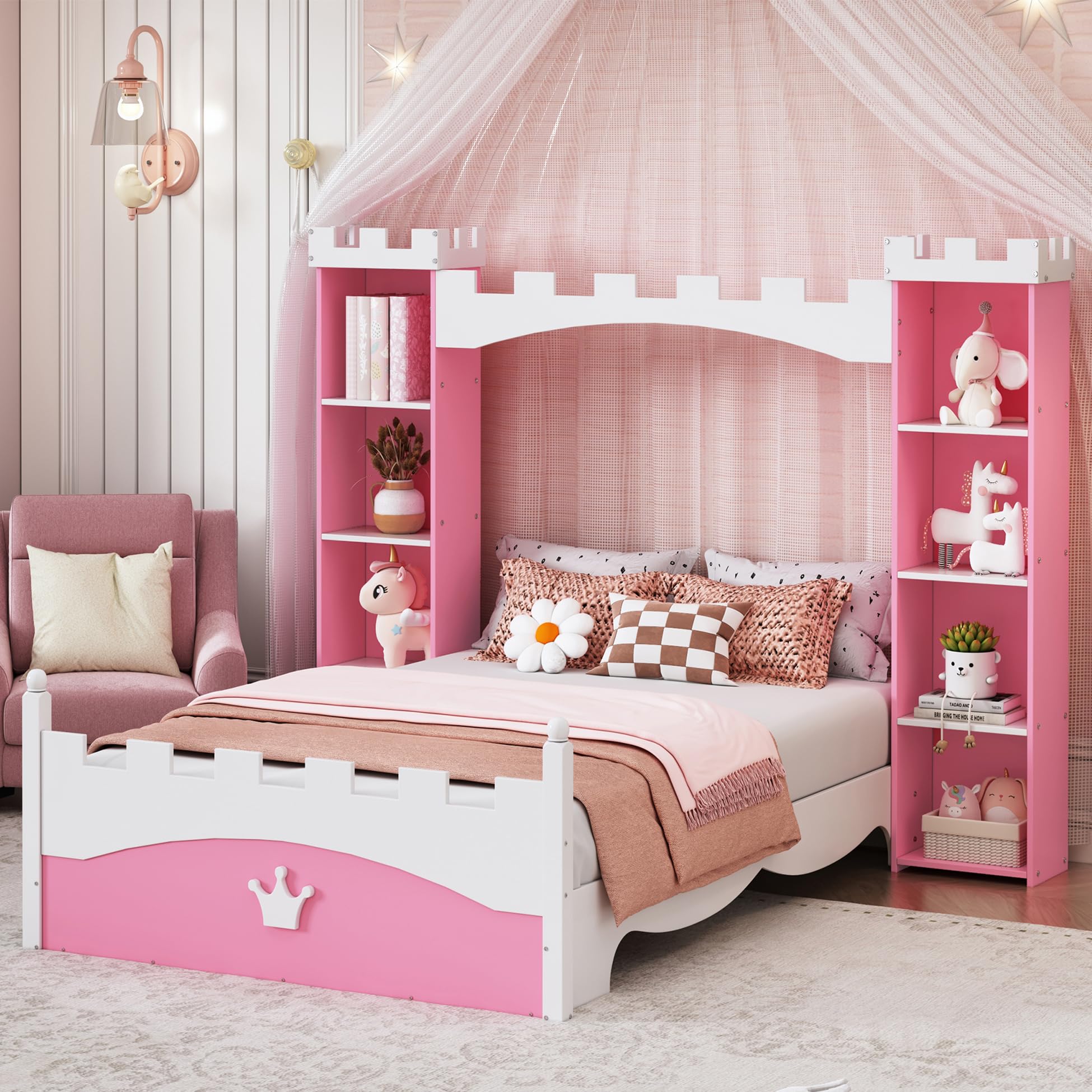 Harper & Bright Designs Twin Size Wooden Platform Bed with Bookcase Headboard - Castle-Shaped Princess Bed Frame for Kids, No Box Spring Needed, Pink & White | Perfect for Small Bedrooms, Kids' Rooms & Space-Saving Storage Solutions