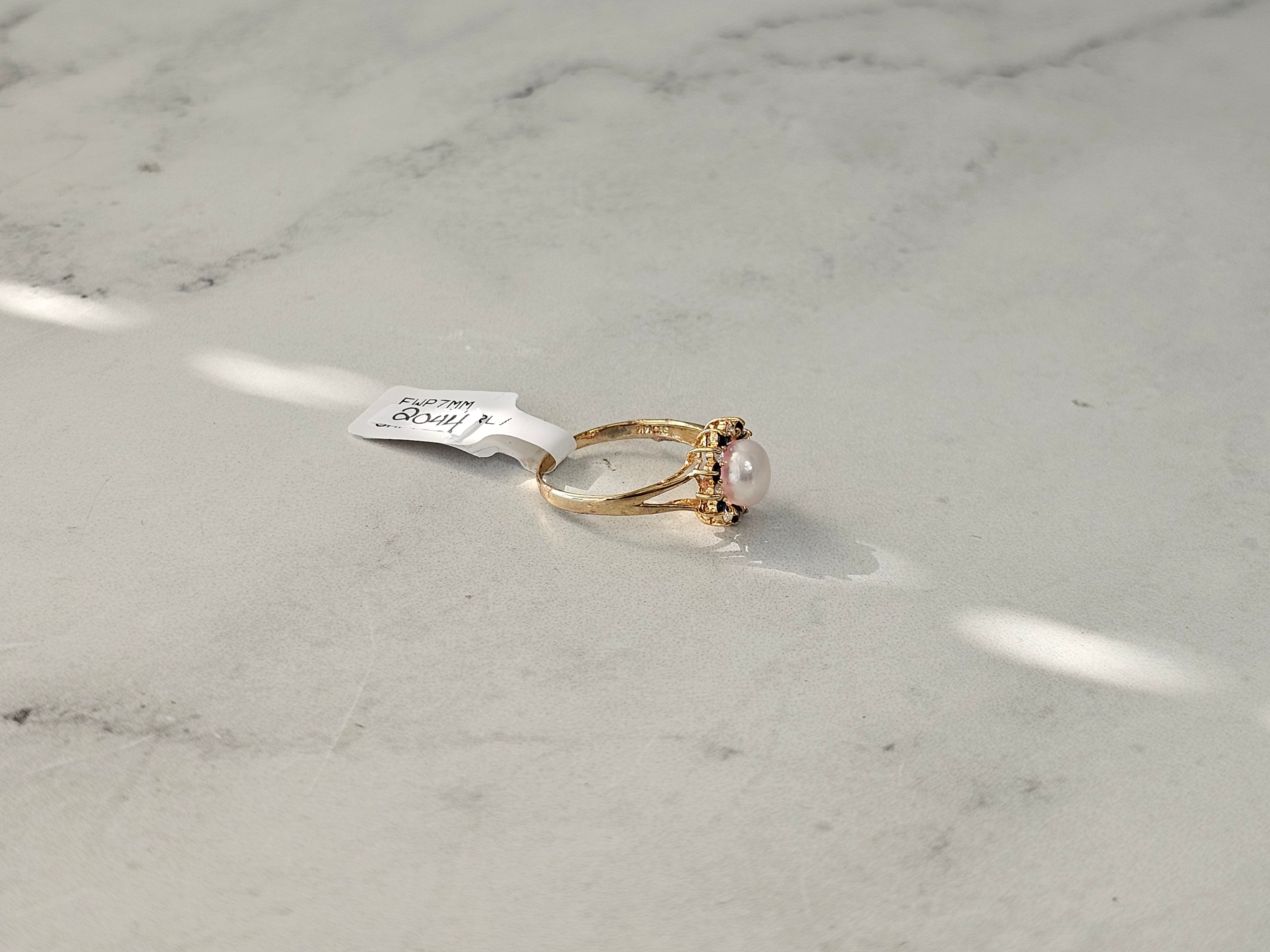 14K Yellow Gold Pearl and Diamond Sapphire Halo Ring - Elegant Bridal Jewelry for Weddings, Anniversaries & Special Occasions