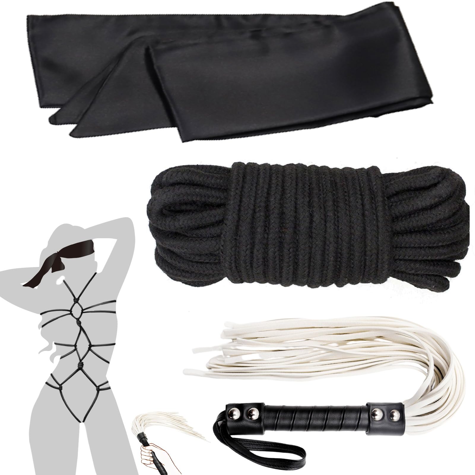 BDSM Bondage Kit - Soft Cotton Rope, Silky Blindfold & Adjustable Whip - 3-Piece Restraint Set for Couples | Beginner-Friendly Bondage Gear for Bedroom Play, Roleplay & Sensual Exploration