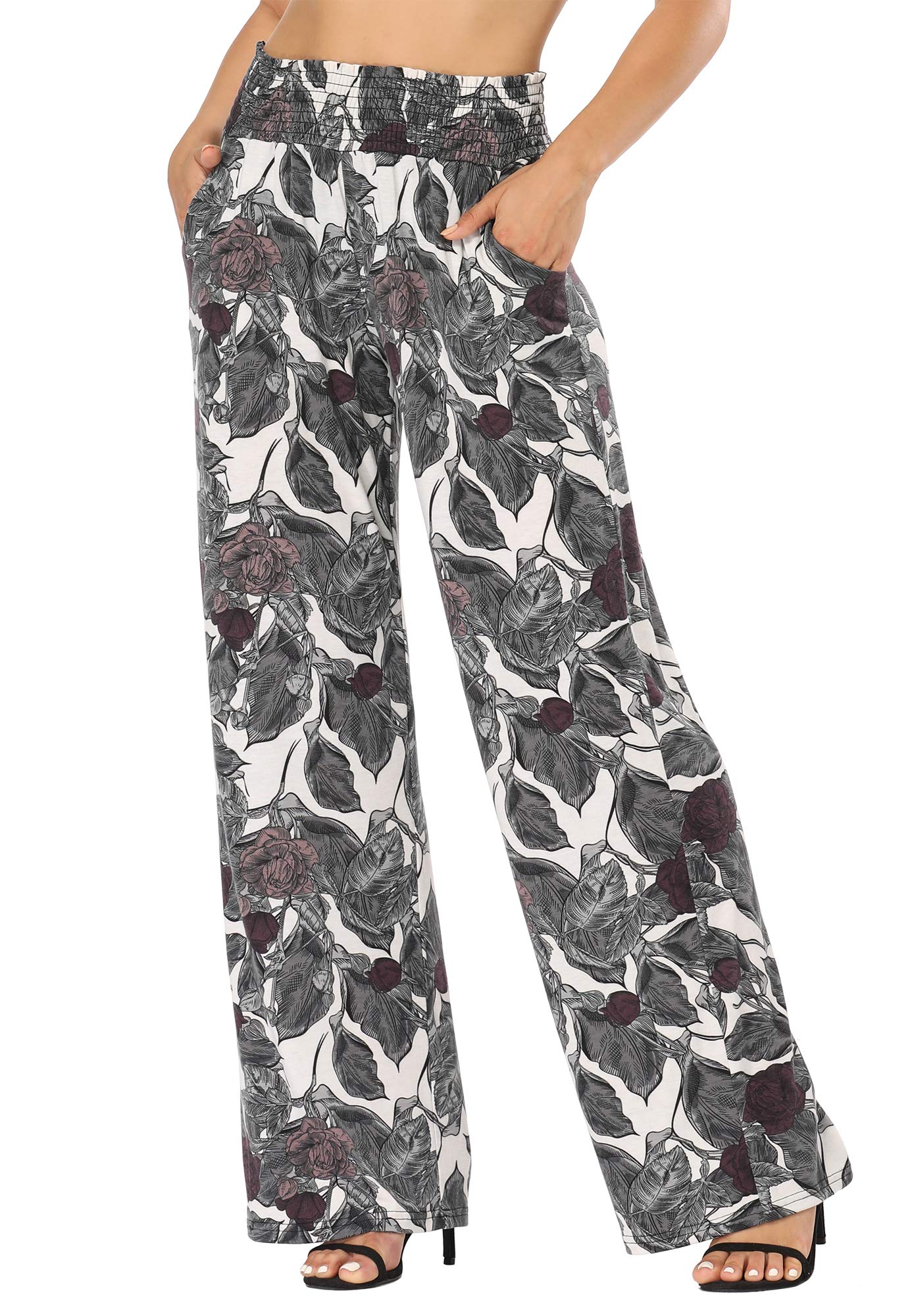 EEVASS Women's Floral Print Wide Leg Palazzo Pants - Stretchy Boho Lounge Pants for Yoga, Travel & Casual Wear - Comfortable Elastic Waist Summer Pants