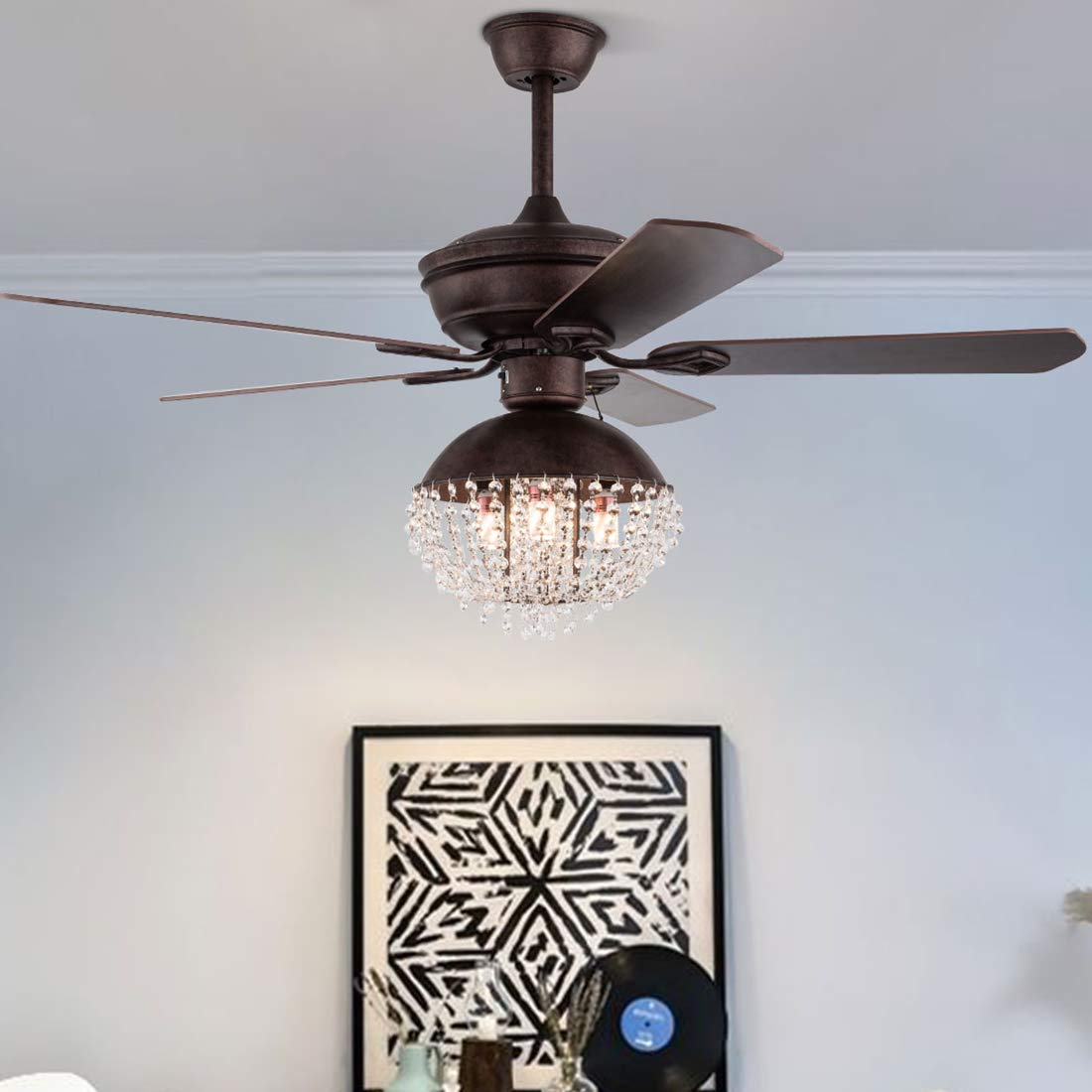 52-Inch Rustic Crystal Chandelier Ceiling Fan with Remote Control - 5 Reversible Wooden Blades, Adjustable Speed & Silent Motor - Vintage Bronze Fandelier for Living Room, Bedroom & Dining Room - Perfect for Home Decor, Cooling & Ambient Lighting