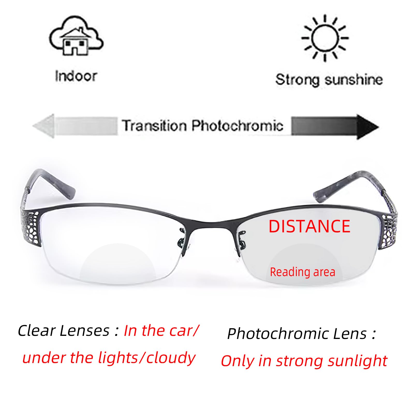 Fashion Photochromic Bifocal Reading Glasses for Women - Transition Metal Frame Red Readers with Sun Protection - Perfect for Reading Outdoors, Driving, and Daily Use