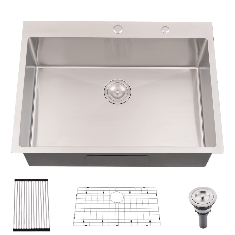 30 Inch Drop In Kitchen Sink - 16 Gauge Stainless Steel Top Mount Single Bowl Sink, 10 Inch Deep with Accessories - Perfect for Modern Kitchens, Restaurant Prep, and Heavy-Duty Home Cooking