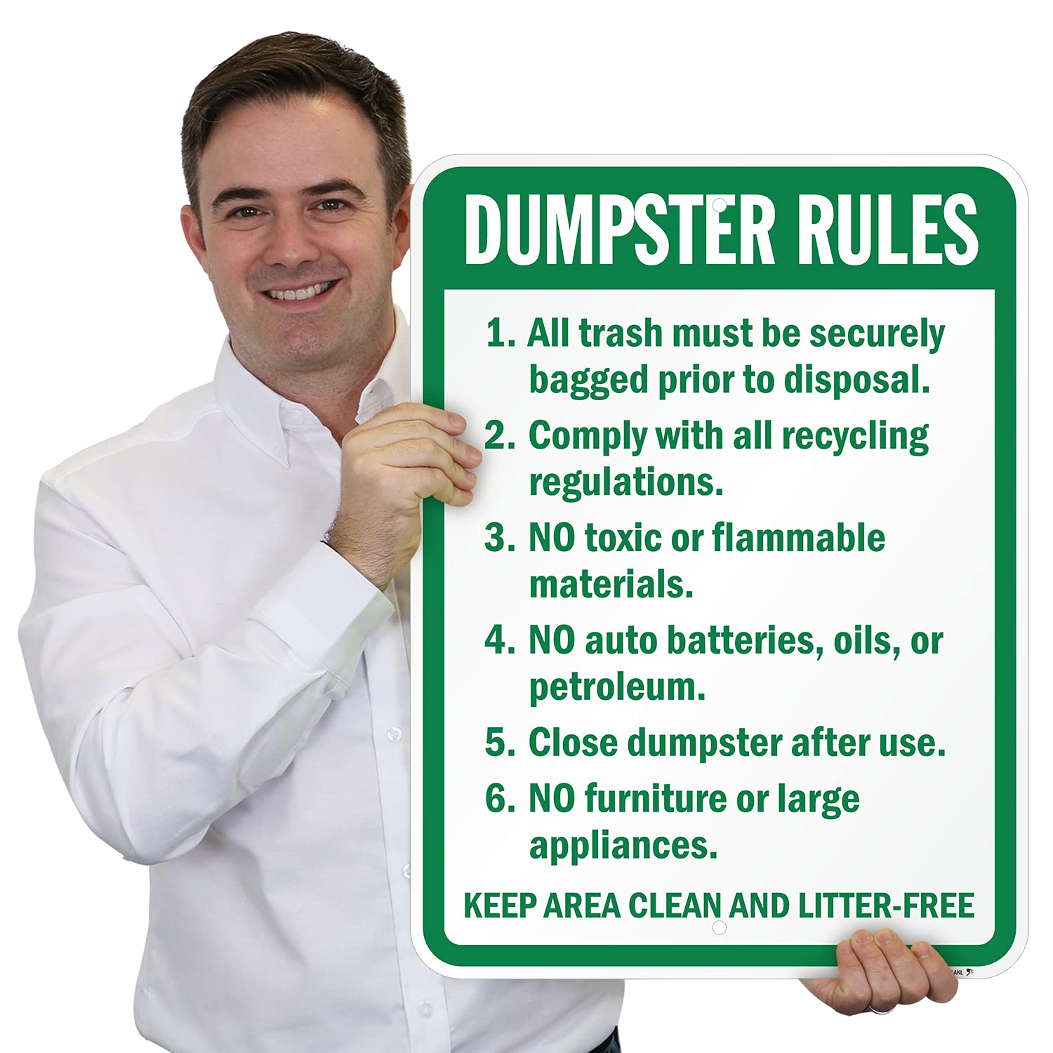 SmartSign 24 x 18 Inch Dumpster Rules Metal Sign - Keep Area Clean & Litter-Free | 80 Mil Rustproof Laminated Aluminum Sign | Green & White | Perfect for Waste Management Areas, Recycling Centers & Commercial Properties