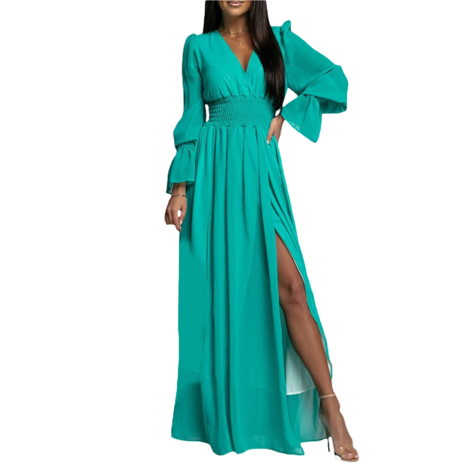 Axupico Women's Elegant Long Sleeve Dress with Elastic Waist - Solid Color Fall Party Dress for Club, Wedding, Office & Casual Wear