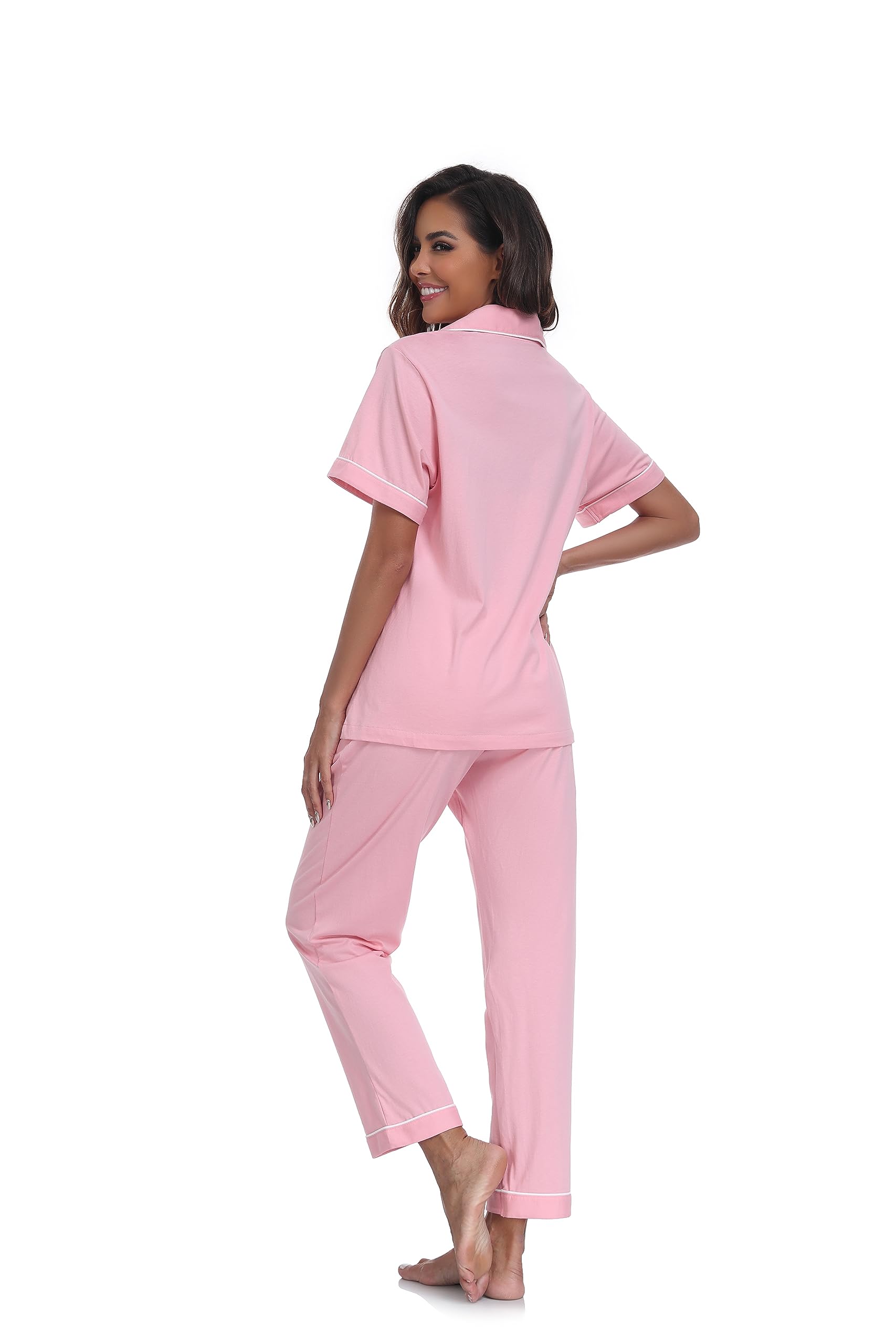COLORFULLEAF Women's 100% Cotton Pajama Set - Button Down Short Sleeve Sleep Shirt & Lounge Pants - Soft Breathable Ladies Nightwear for Home, Travel & Relaxation